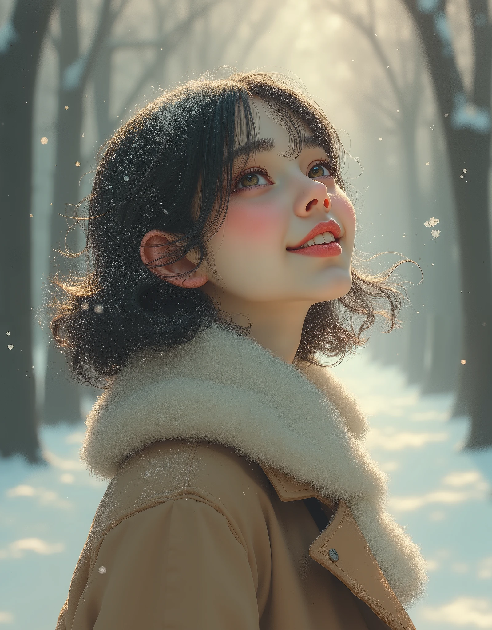  1 girl, Japanese,winter,(Upper body close-up),Woman walking along a tree-lined street where powder snow flutters ,Front  ,Asahi, beautiful gradation , is written in depth, Particles of light and powder snow fluttering in the air gently envelop her, stylish warm jacket , facial hair , beautiful faces, woman looks up at the sky , beautiful hair fluttering in the wind, White Breath, nostalgic, calm,A woman waving her hands with a gentle smile, Aerial Photography,(Don't draw text)