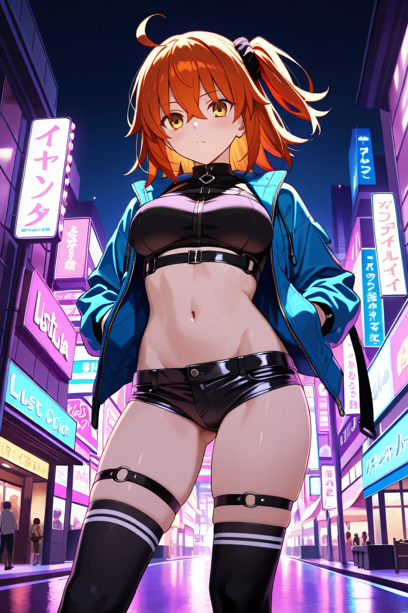 1girl, orange short hair, orange eyes, wearing hoodie, shorts, city, absurdres, high res, ultrasharp, 8K, masterpiece, looking at viewer, succubus, horns, tail, succubus tail, sexy