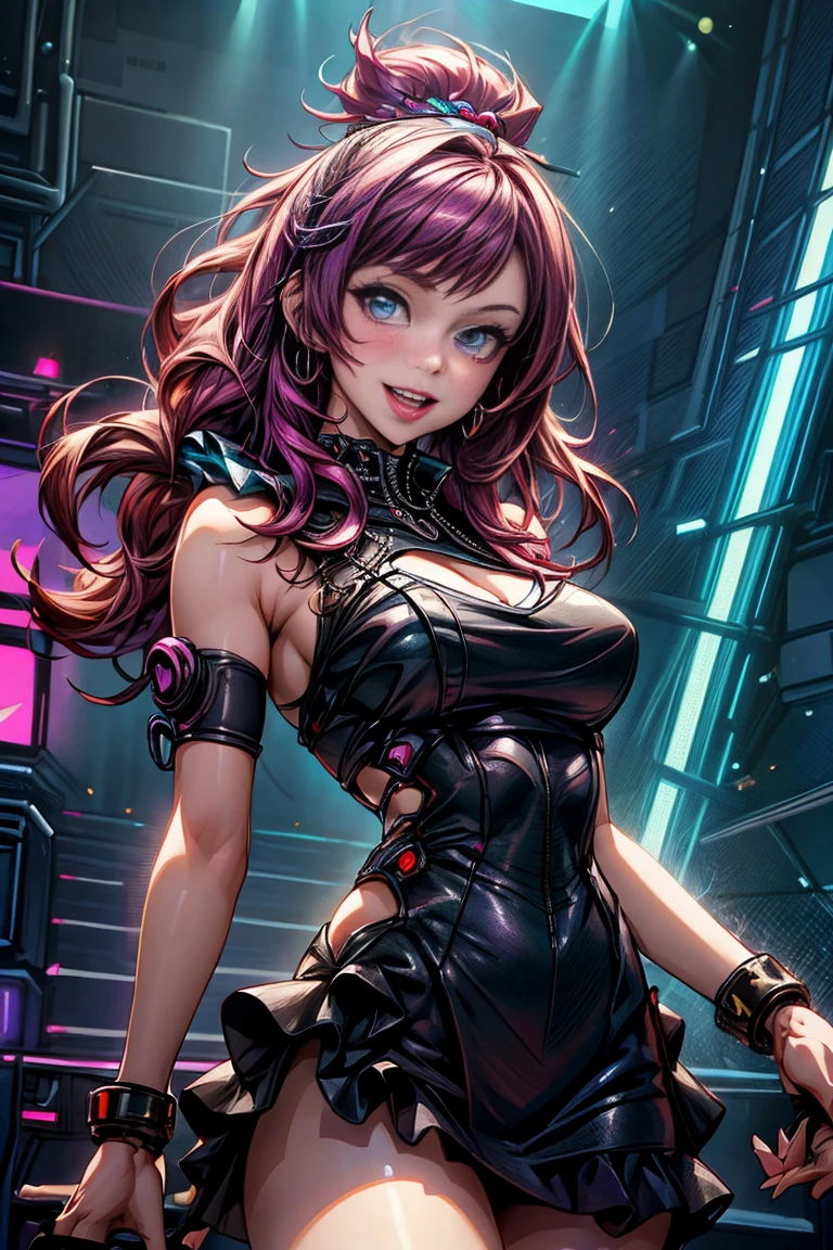 (​masterpiece),(top-quality:1.2),1girl in,(masuter piece:1.3),exquisitedetails, Highest quality 8K resolution, Ultra-detailed, Realistic, Vibrant colors, Soft tones, With warm and gentle lighting,  (Cyberpunk:1.3),Anime Face、extremely beautiful face and eyes,Naughty smile、sexy  pose,(blondehair:1.4) 、(Short low twin tail),(Pink Open Hoodie),(cleavage:1.2)、Blushing,deep in the night、You can see the sea in the distance、(starrysky)、iridescent lighting、Building Light、(Diamond Dust:1.3)、Superb view、a choker、small earring、(Black Plaided Pleated Skirt),IsometricFuture, Anime Style School, Isometric cutaway,  (Urban landscape of the near future), depth of fields, Full-HD,(Rim lighting:1.4), Vivid and sharp cinematic lighting, shadowy, chromatic abberation, Art by Art Germ, Greg Rutowski, Square Enix, unreal enginee 5, FXAA, IsometricFuture、Pink light、purple lights、(Yellow-green light:1.5)、(Cyber City)、(Near Future City:1.3) ,(short twin-tailed blonde hair:1.3),(Hair parted in the middle:1.3),(Dark blue eyes:1.3),White skin, hair clips,Warm golden glow,The artwork is a masterpiece,