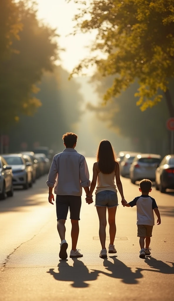 Create a realistic image with cars, that contains a modern father smiling, holding hands with teenage daughter and little son smiling and happy with car scenery