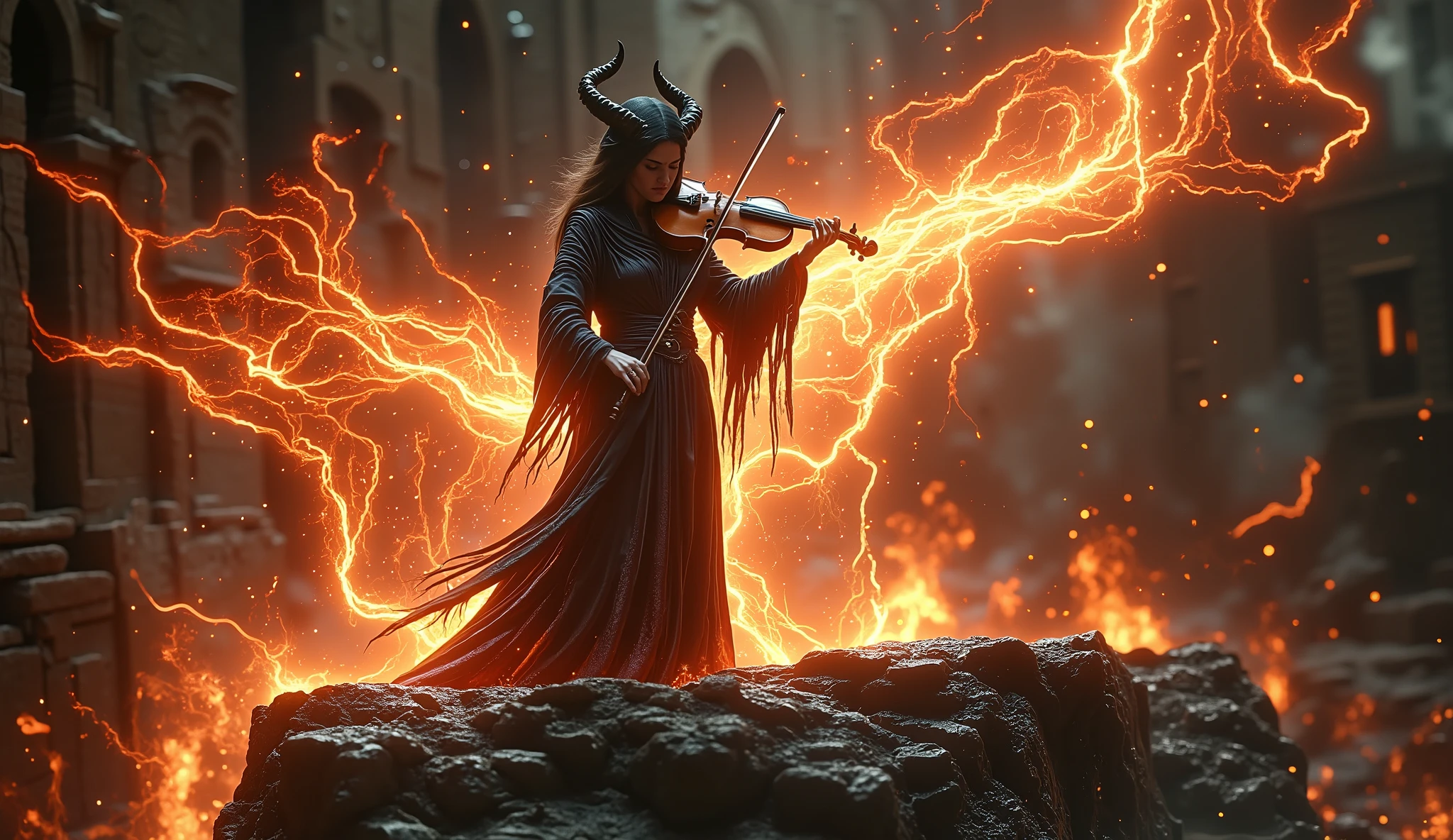 standing from a distance (1:20) a beautiful angry demon woman wearing a robe, playing the violin with brilliant energy on the stage on the cliff of ruins, fire and lightning flashing, aurora sparks around her, a realistic and fiery fantasy, a great masterpiece, a portrait from a distance, full body.