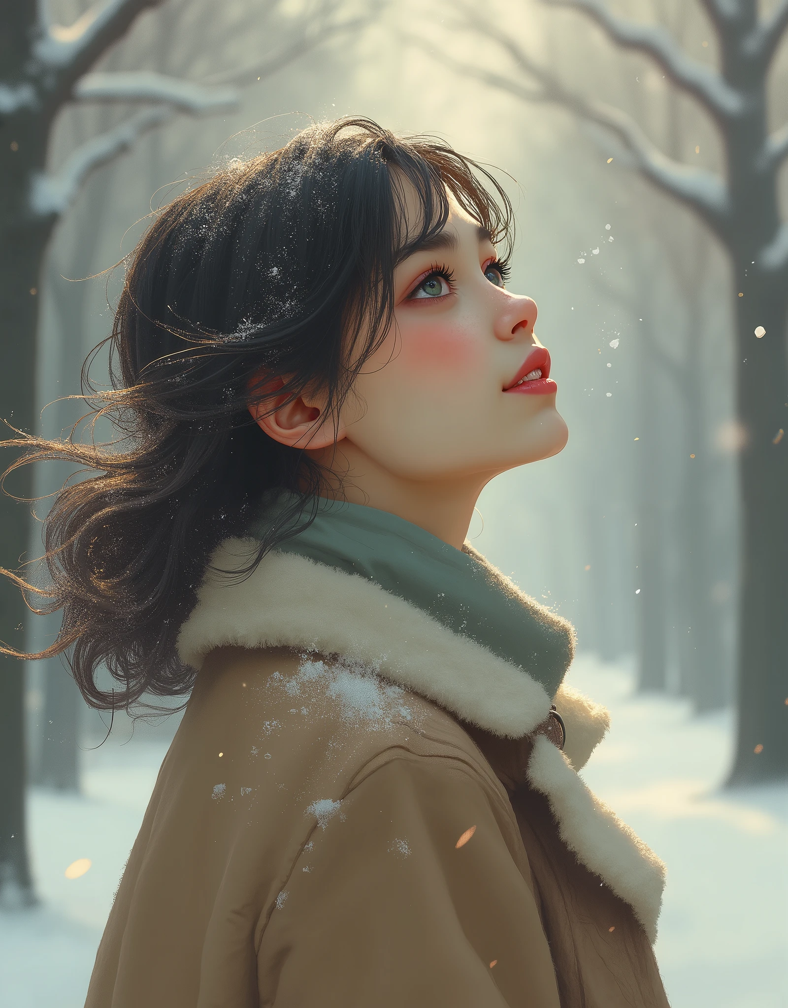 1 girl, Japanese,winter,(Upper body close-up),Woman walking along a tree-lined street where powder snow flutters ,Front ,Asahi, beautiful gradation , is written in depth, Particles of light and powder snow fluttering in the air gently envelop her, stylish warm jacket , facial hair , beautiful faces, woman looks up at the sky , beautiful hair fluttering in the wind, White Breath, nostalgic, calm,A woman waving her hands with a gentle smile, Aerial Photography,(Don't draw text)
