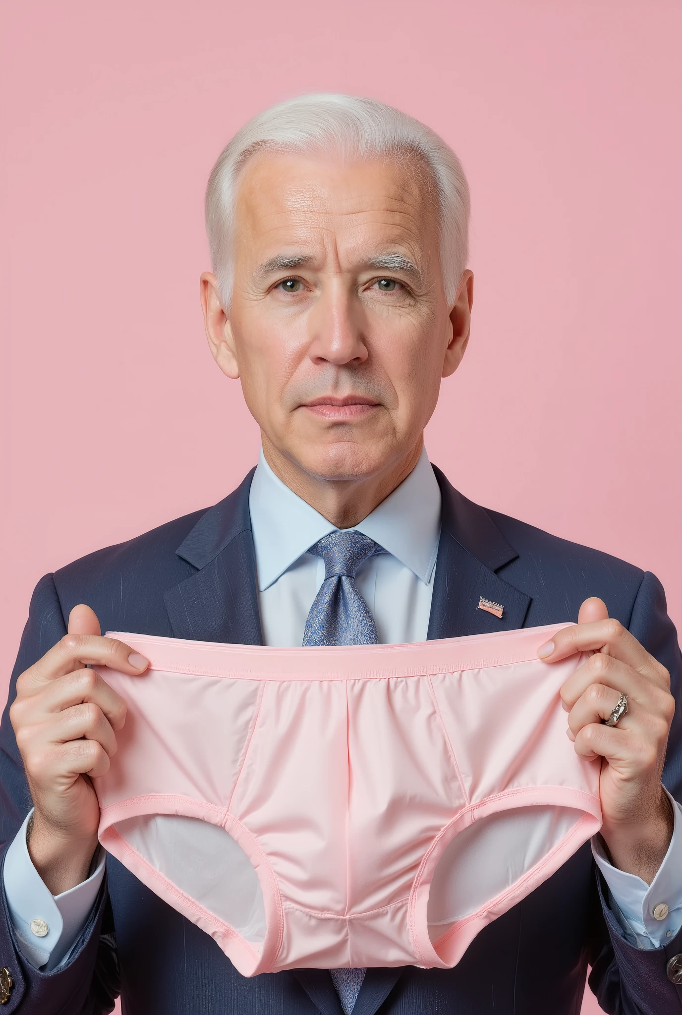 Very large bright pink、 Snow White hair、Casual hairstyle、President Joe Biden The face is very close、Close up of face、Holding the panties in front、Showing underwear、Very large、Very large
