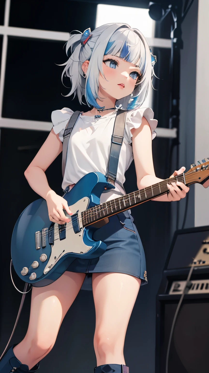 Create a girl with short blue hair, , who wears loose clothing and piercings , . Her hobby is playing guitar , she wears rocker boots , and only her lips are tinted pink , and her hips are tight