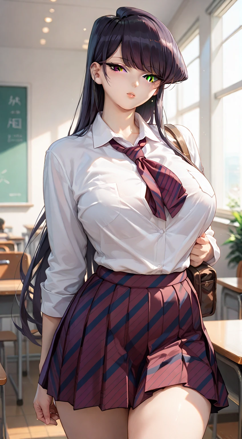 high school girl、beautiful girl、Black Hair、Big breasted body type、Neat 、White shirt、Checkered pleated skirt、Flushed Cheeks、Glossy lips、Sigh、Functional、Immoral、Japanese high school classroom、Skirt flip、White neat panties