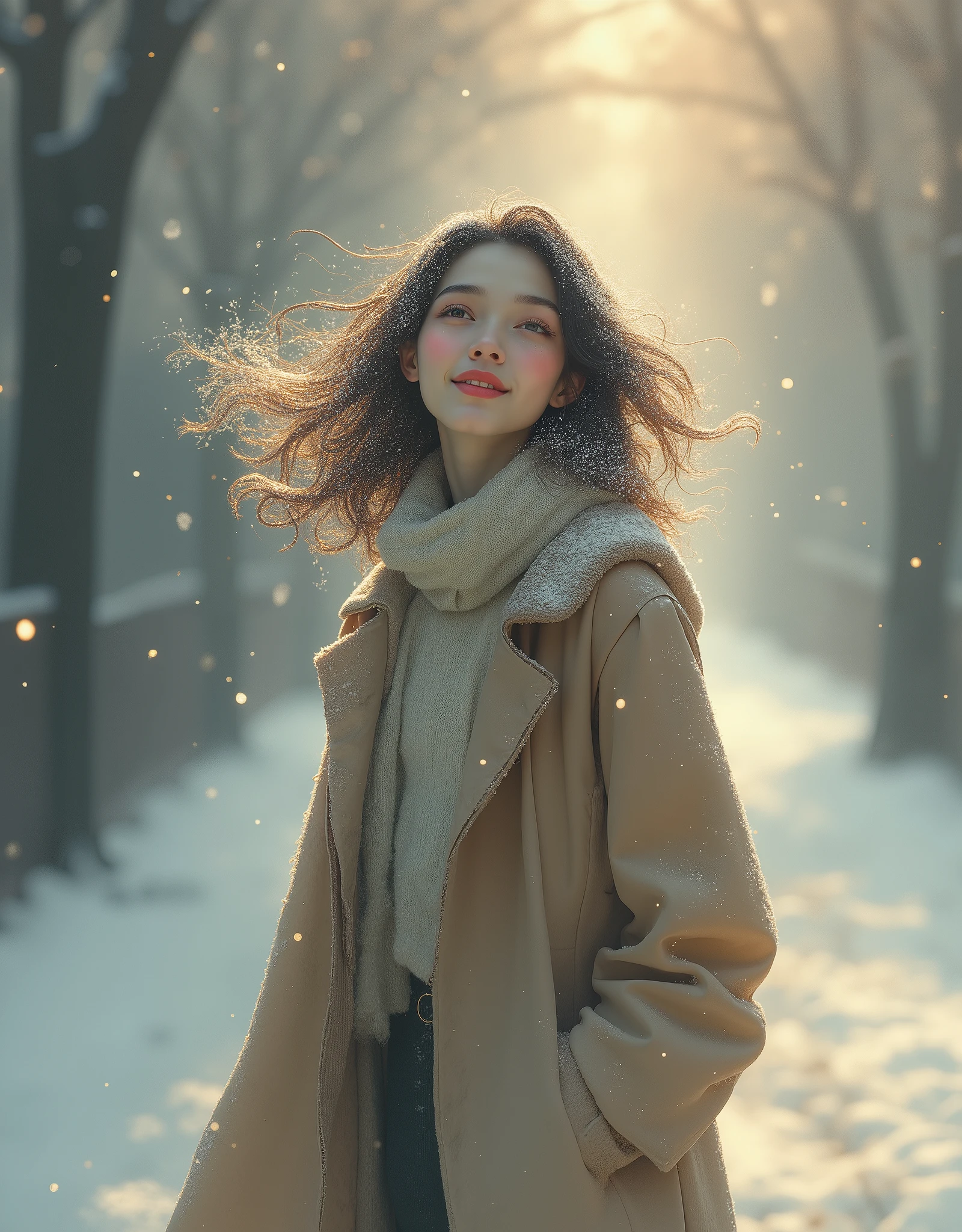  1 girl, Japanese,winter,( upper body up ),Woman walking along a tree-lined street where powder snow flutters ,Front  ,Asahi, beautiful gradation , is written in depth, Particles of light and powder snow fluttering in the air gently envelop her, stylish warm jacket , facial hair , beautiful faces, beautiful hair fluttering in the wind, White Breath, nostalgic, calm,A woman with a gentle smile spreading her hands to the sky, Aerial Photography,(Do not display text:2.0)
