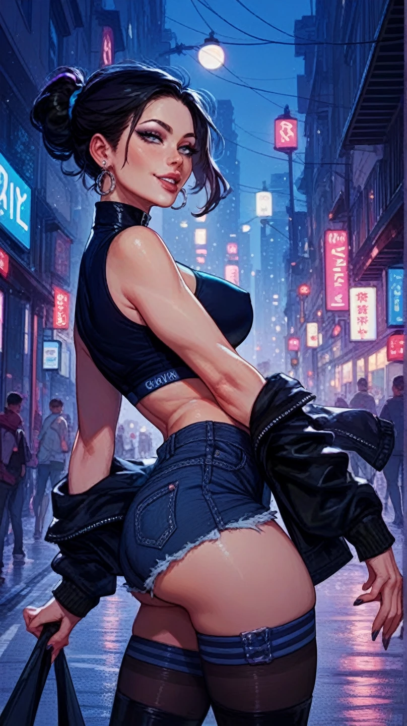 cute pit girl,(((1girl))),((pit girl with extremely cute and beautiful brown hair)),
(large breasts:1.4),saggy breasts,(((brown wavy hair:1.35,colored inner hair,ear breathing,large hair))),((heterochromia:1.5, (yellow_eye and pink_eye))),intricate eyes,beautiful detailed eyes,symmetrical eyes,big eyes:1.3,,((fat)),(((olive skin,lustrous skin:1.5,bright skin: 1.5,skin tanned,shiny skin,very shiny skin,shiny body,plastic glitter skin,exaggerated shiny skin,illuminated skin,wet legs))),(spider lower abdomen,narrow waist,wide hip,athletic body,inflated legs, thick thighs,detailed body,(detailed face)),
cute,slutty,seductive,erotic,(nsfw),
zettai ryouiki,(((race queen style costume, attractive companion costumes,pit girl costume))),(magenta suit unbuttoned,magenta costume),(((huge cleavage))),cleavage cutout,((wet clothes,intricate outfit,intricate clothes)),
(dynamic pose:1.0),solo focus,embarrassed,(centered,scale to fit dimensions,Rule of thirds),
cyberpunk city by the ocean at night, with bright neon signs and dark stormy clouds and puddles, scenery:1.25,nighttime, starry night, cosmos,Very dark night that makes the neon lights stand out, very bright neon lights,nighttime, starry night, cosmos,
artistic photography,(photography taken by sldr),highres, sharp focus,(ultra detailed, extremely detailed), (photorealistic artwork:1.37),(extremely detailed CG unity 8k wallpaper),((synthwave background theme)),(((vibrant colors))),intricate,(intricate background),(masterpiece),(best quality),perfect rendered face,perfect face details,realistic face,photo realistic,analog style,((intricate detail)),(((realism))),