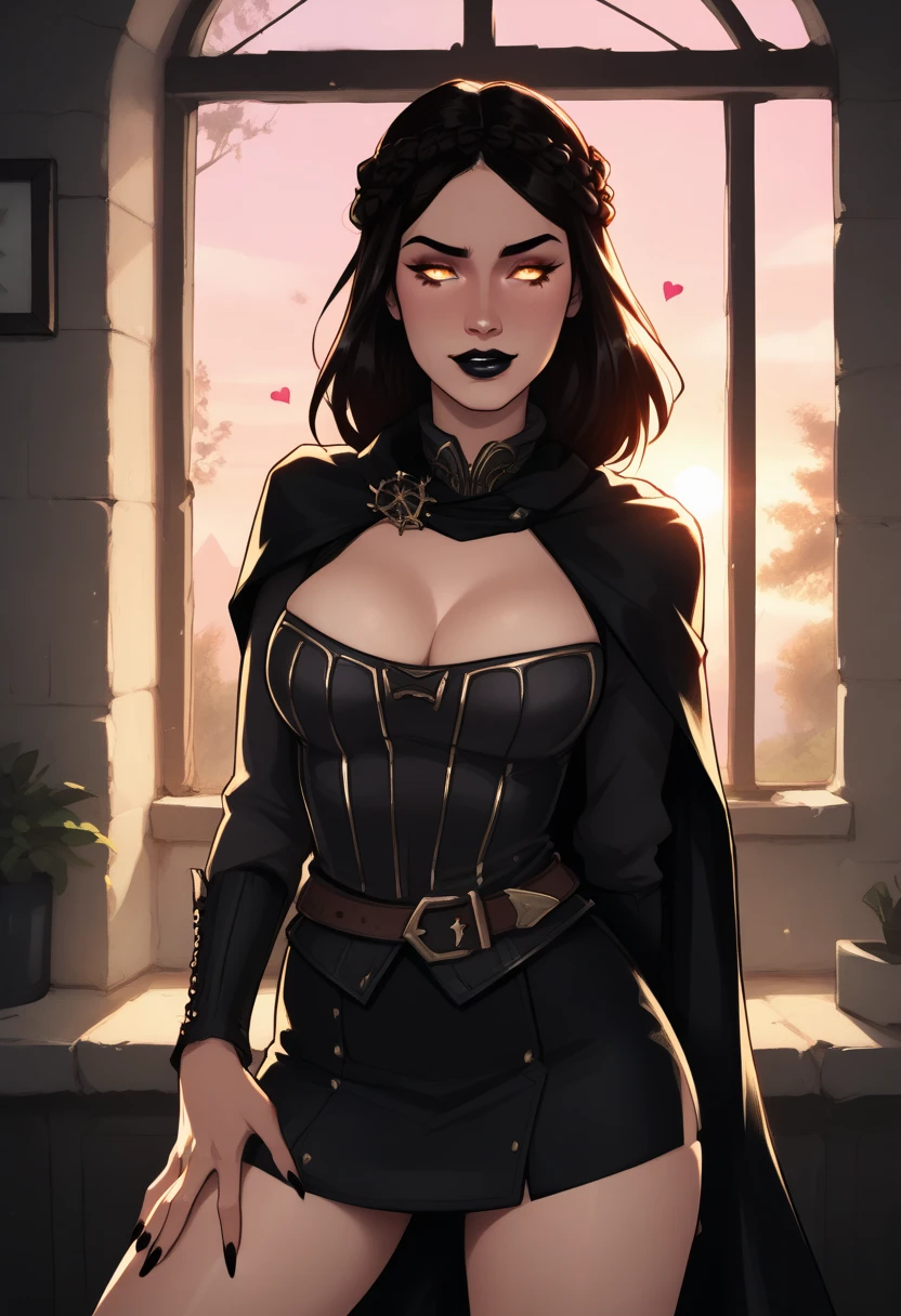 score_9, score_8_up, score_7_up, score_6_up, score_5_up, score_4_up, masterpiece, best quality, score_9, score_8_up, score_7_up, score_6_up, Sexy and alluring female fantasy character, (dark:1.2), (dark fantasy:1), (looking at viewer:1.2), (night:1.2), (eerie:1.2), (1 girl:1.2), (solo:1.2), (pale:1.2), (black robe:1.2), cowboy shot, beautiful, linework, thick outlines, strong shadows, adult woman, Gothic themes. Gothic aesthetic. dark blowout hair, looking up, solo, upper body, detailed background, detailed face, smirk, casting spell, dynamic pose, cinematic atmosphere, This is a fantasy character portrait. Exciting, female adventurer for a high fantasy setting. She looks like an aggressive, fun, confident woman for a fantasy role playing game like Dungeons & Dragons. She is exciting and dramatic, with an excellent fashion sense. Bodice and corset. She is a very interesting woman in her early 20’s. hyper detailed, gothic art, trending on artstation,intricate details, ultra detailed,, ultra detailed clothes, epic masterpiece, ultra detailed, intricate details, award winning, fantasy art concept masterpiece, trending on Artstation, digital art, unreal engine, 8k, ultra HD, centered image,photographed on a Sony A7R IV, 18mm F/1.7 cine lens,