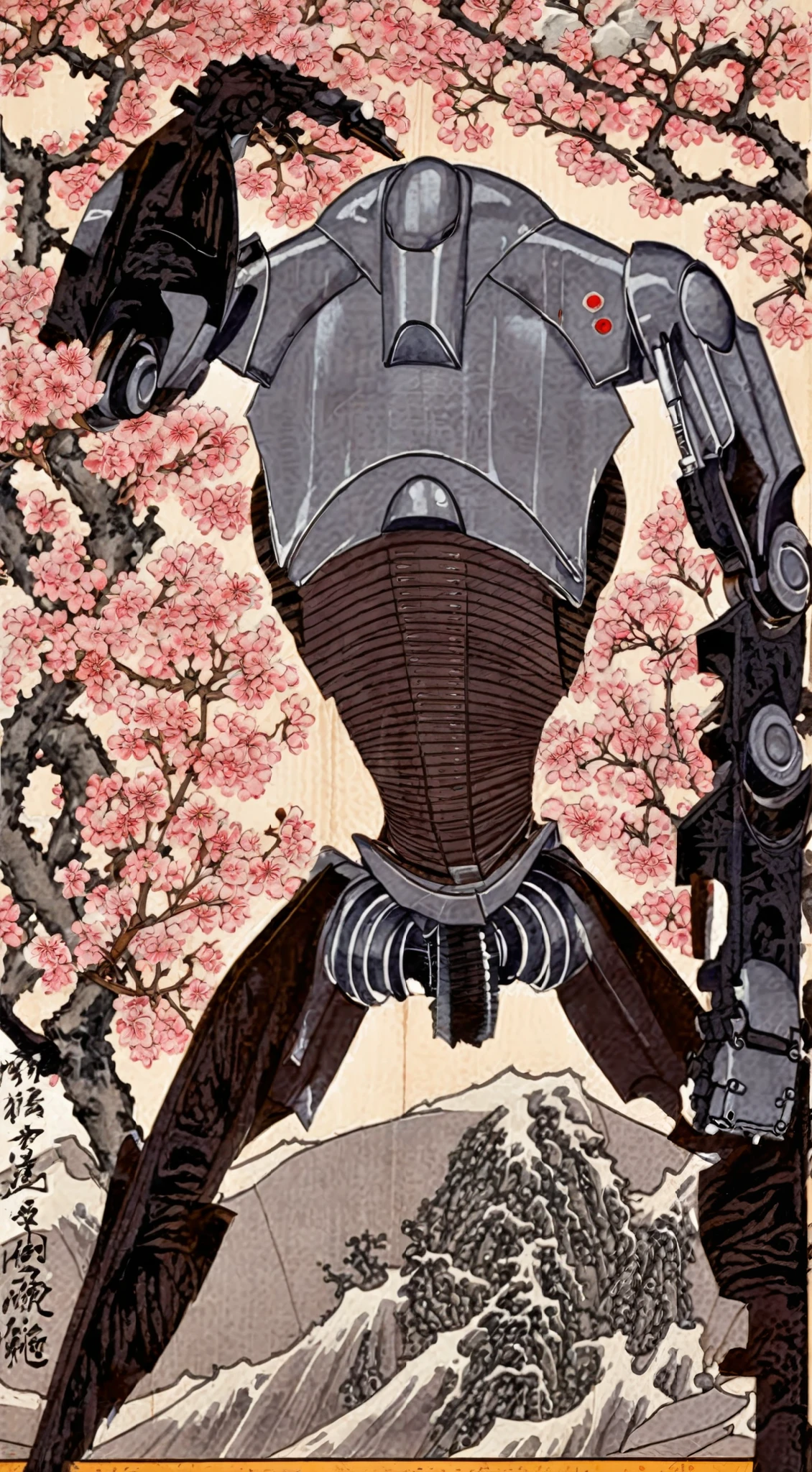 Japanese woodblock calligraphy scroll depicting a BX-series droid commando Srar wars, Separatis droid , as a Japanese samurai, Ukiyo-e Art, katana, cherry blossoms, waves, traw hat, calligraphy, stormtrooper, hyper detailed, intricate details, highly detailed, high res, high quality, stunning, a masterpiece