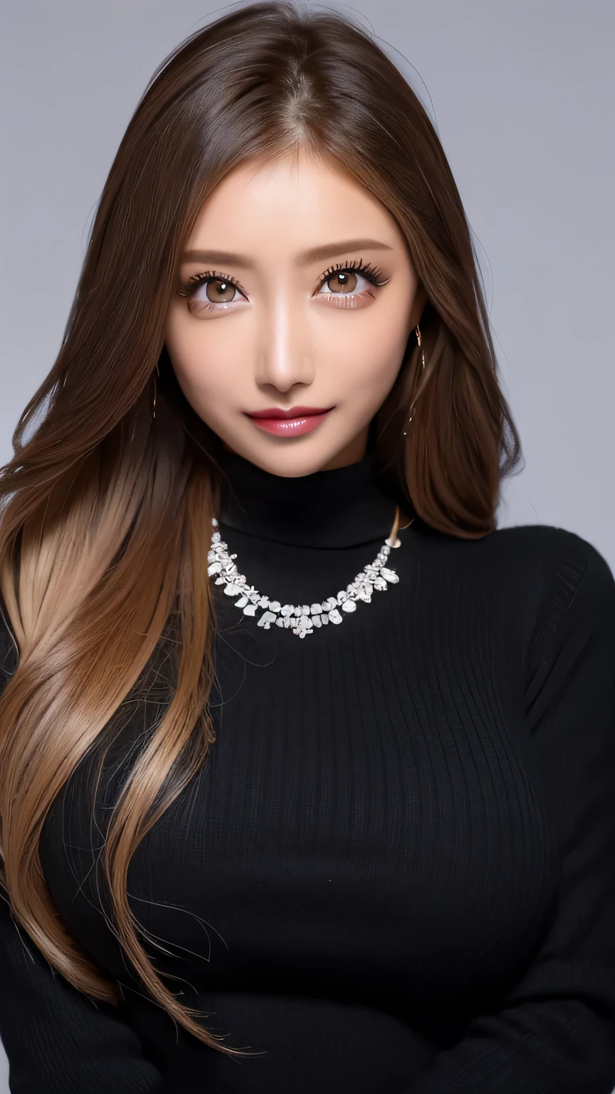 ( Cubbo-I、 top quality、8k、16k、 award-winning works 、 Ultra Fine )、 beautiful sexy GaL、( Black sweater , Sexy cleavage:1.1)、Perfect big breasts、( blonde alone :1.1)、 beautiful skin that shines with bright, Shiny Lipsticks 、 a lot of people stand out with clear images 、 bright color contacts 、Perfect gal makeup、 Perfect for an adorable companion 、( Dark makeup for women :1.2)、( dark brown beige around the eyes :1.1)、 Beautiful Bright Eye Shadow 、 dark sexy makeup around the eyes 、(Big Breasts:1.2)、 super long wavy hair 、(Romantic affection:1.1)、 amazing adult sex appeal The best smile he has when he sees me 、( there are many people that accentuate body lines ..:1.1)、(Strongly blurred、 a 。:1.1)、( The image is clear 、 jacket :1.1)、 accurate anatomy、 ultra HD hair、( Ultra Fine perfect beautiful teeth:1.1)、Sensually sexy 、 Ultra HD beautiful face 、 ultra HD hair、 crystal clear bang 、Ultra HD Shining Eyes、Beautiful skin with radiant Ultra Fine、 Ultra Fine Lips 、 Harry Winston necklace