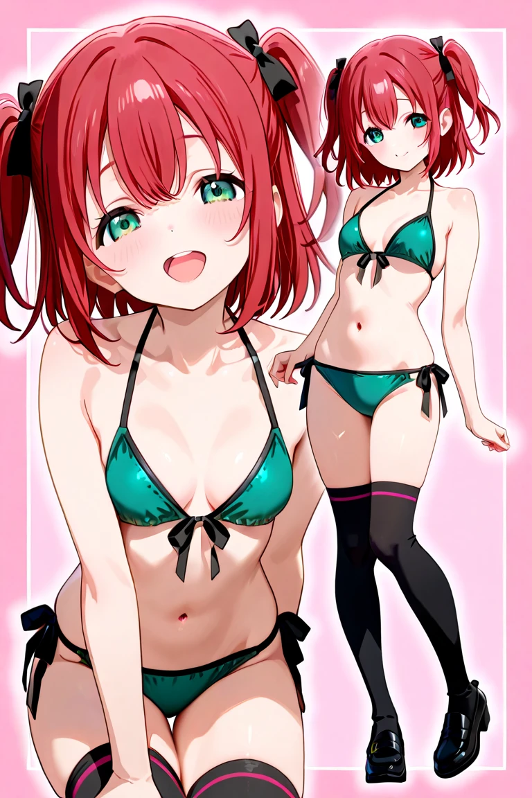 1girl,rubyred hair,bowl cut hair,half circle ahoge,BREAK,(blue green eyes)1.3,tareme,bikini,cowboy shot,