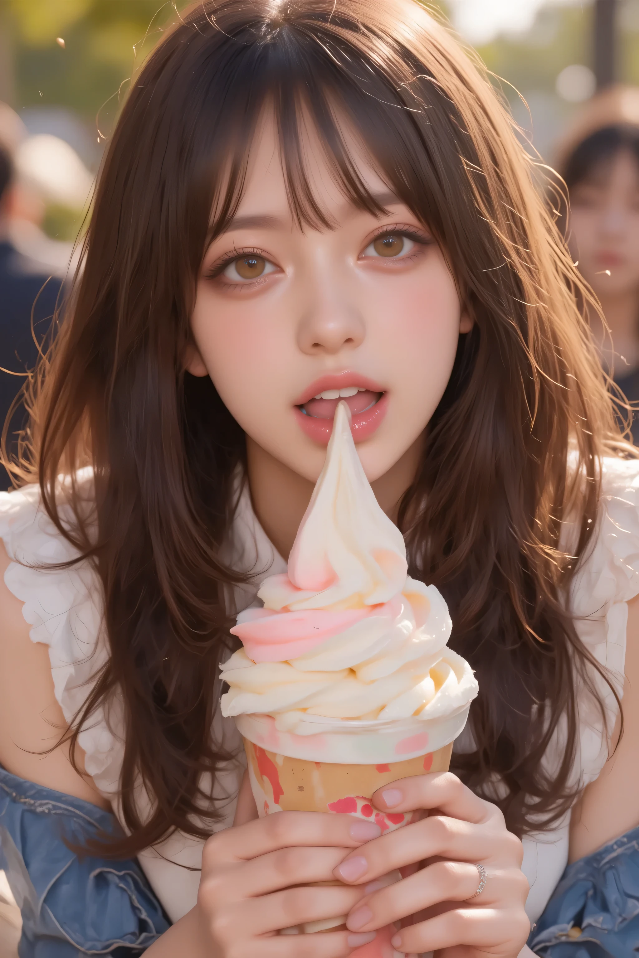      open their mouths wide   ,((Masterpiece,best quailluminationy 1.4)), (8k,     RAW photo :1.2), (   realistic ,photo    realistic :1.4),      Ultra Fine  , (    High Resolution 8K Wallpaper    ) ,   Japanese    Idols,    Japanese    actress,    Japanese   ,      so cute  ,    big eyes,  Face and eyes 、    has been carefully drawn down to the smallest detail。    、   Blood Comes Back to My Face    ,        Down to the last detail   ,   shiny skin with s,  portrait ,(     twin tails :1.2),(smile:1.3) ,(    I have soft serve ice cream that is easy on the hands ,    I have soft serve ice cream in my mouth The depth of the border written in      :1.2),illumination,   Concentration  ,     Boundary depth of writing  , (     dynamic angles  :1.4 ).         blur the background     , Bokeh, (   blouse,     ruffle skirt   :1.2) ,(   Daytime in the Park    .)