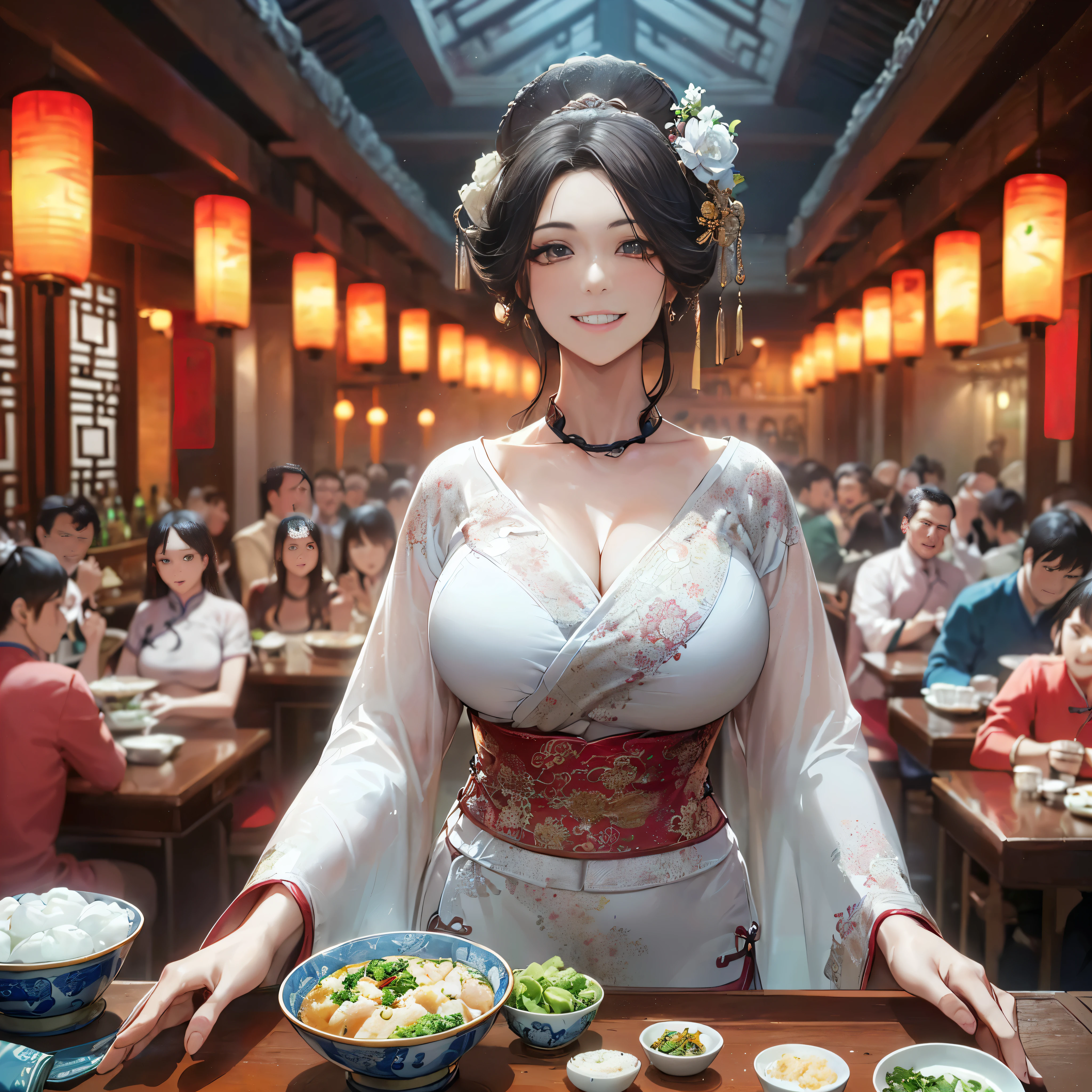 (masutepiece:1.2), (Best Quality:1.2), (high resolution:1.2), (beautiful face and eye:1.2), (sharpest focus:1.2), (Ultra-realistic Photo:1.2), (Ultra-precise Photo:1.2), (Depth of field:1.2), (perfect anatomy:1.2), (nice hands:1.2),
(very tall, broad-shouldered, large lady:1.2), (very beautiful lady in a bar in Song dynasty China:1.5), (large beautiful middle-aged woman with rolled-up sleeves and arms raised high serving a large quantity of food:1.5),
(pleasant smile:1.4), (a bustling, folksy bar:1.2), (big smile:1.5), (winning smile:1.5),
