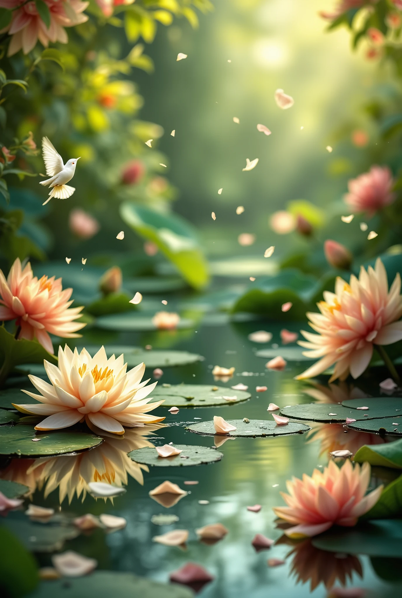 A beautiful background of flowers with birds and crumbling petals dance with musical melodies and a beautiful lily pond, 8 k,  Best quality,  complicated details,  Lots of Details ,  masterpiece,  ultra detail , beautiful, Love,
