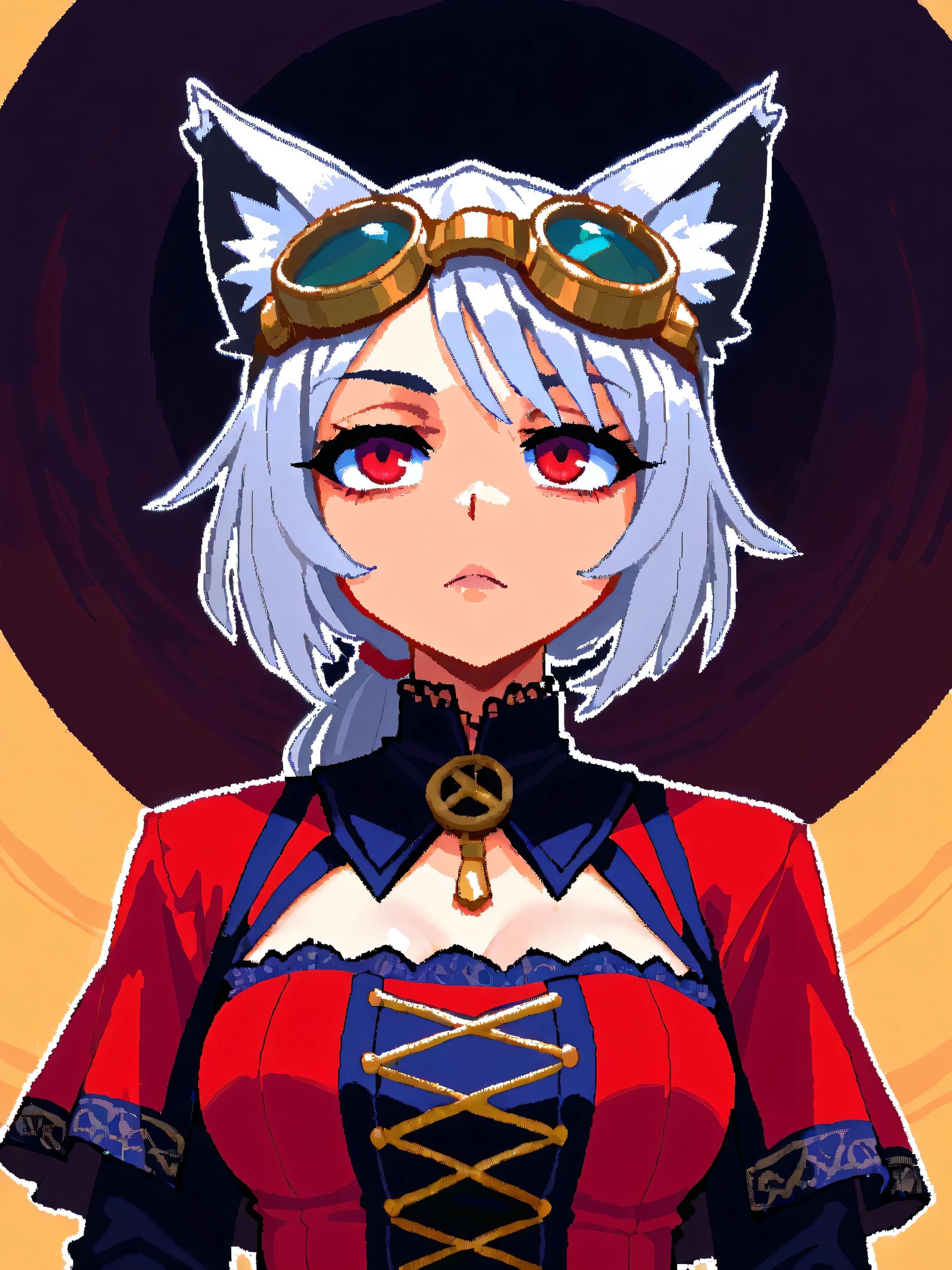 Masterpiece, High Quality , HCnone, pixel art, 1 girl, Gray Hair, ponytail, red gothic dress, simple gold background , [Dead Stare, Eclipse Background, (Cat ears、Women in the World Always Have Goggles and Cat Ears :1.3), ( Wear Fine Gold Goggle-shaped Goggles on their heads :1.4),