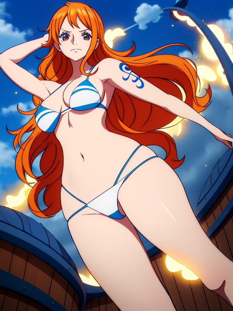 Create a realistic animation-style image of Nami from One Piece. Capture her distinctive look with orange hair, And a delightful expression. Make sure the image reflects your adventurous and confident personality as shown in the anime.., full-body, Extensive plan , nsfw, Athletic winding body, Orange Eyes, Orange Eyes, armpits, , NAKED, bathing, Spirit, night