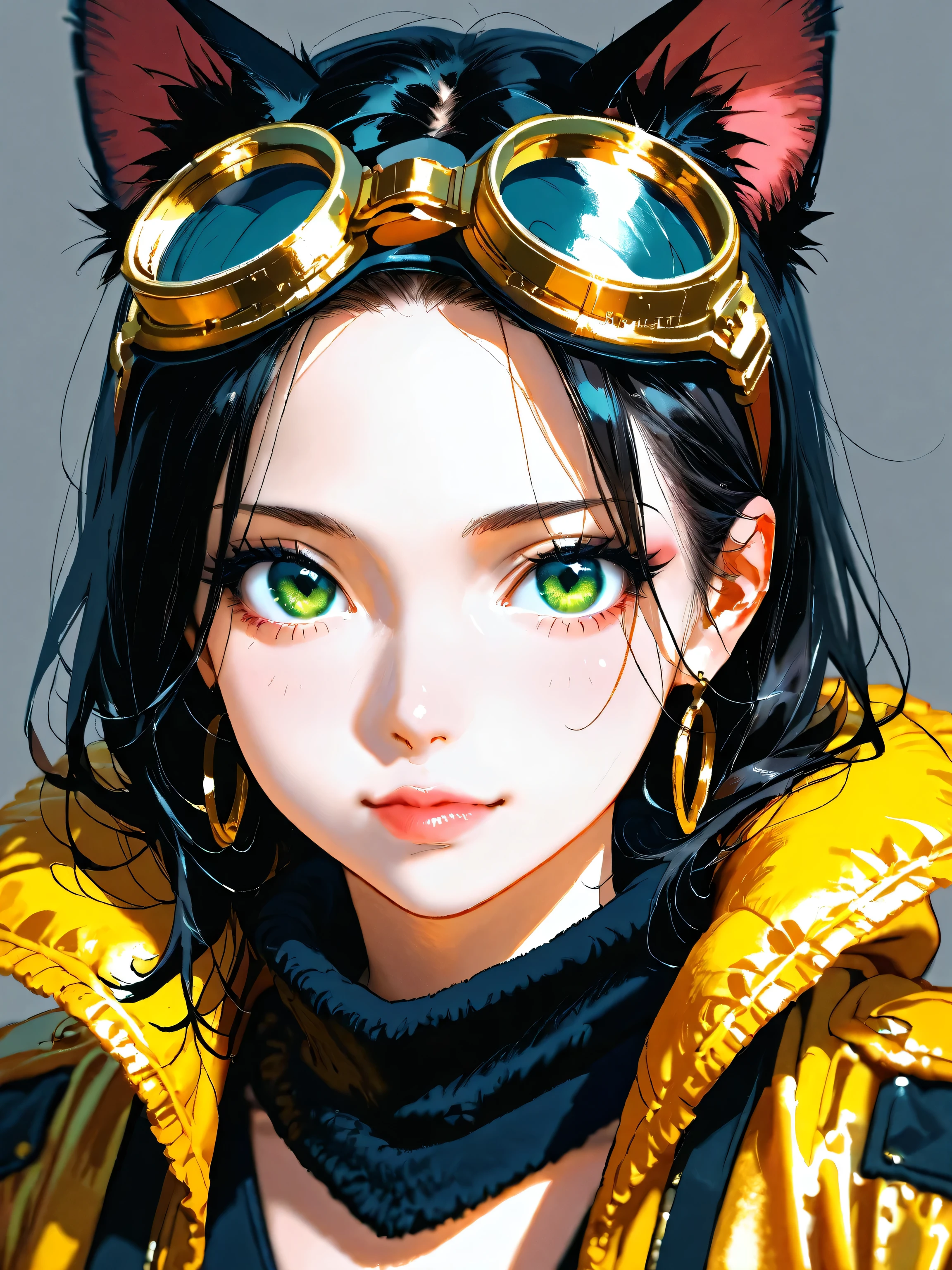 beautiful, (Cat ears、Women in the World Always Have Goggles and Cat Ears :1.3), ( Wear Fine Gold Goggle-shaped Goggles on their heads :1.4),