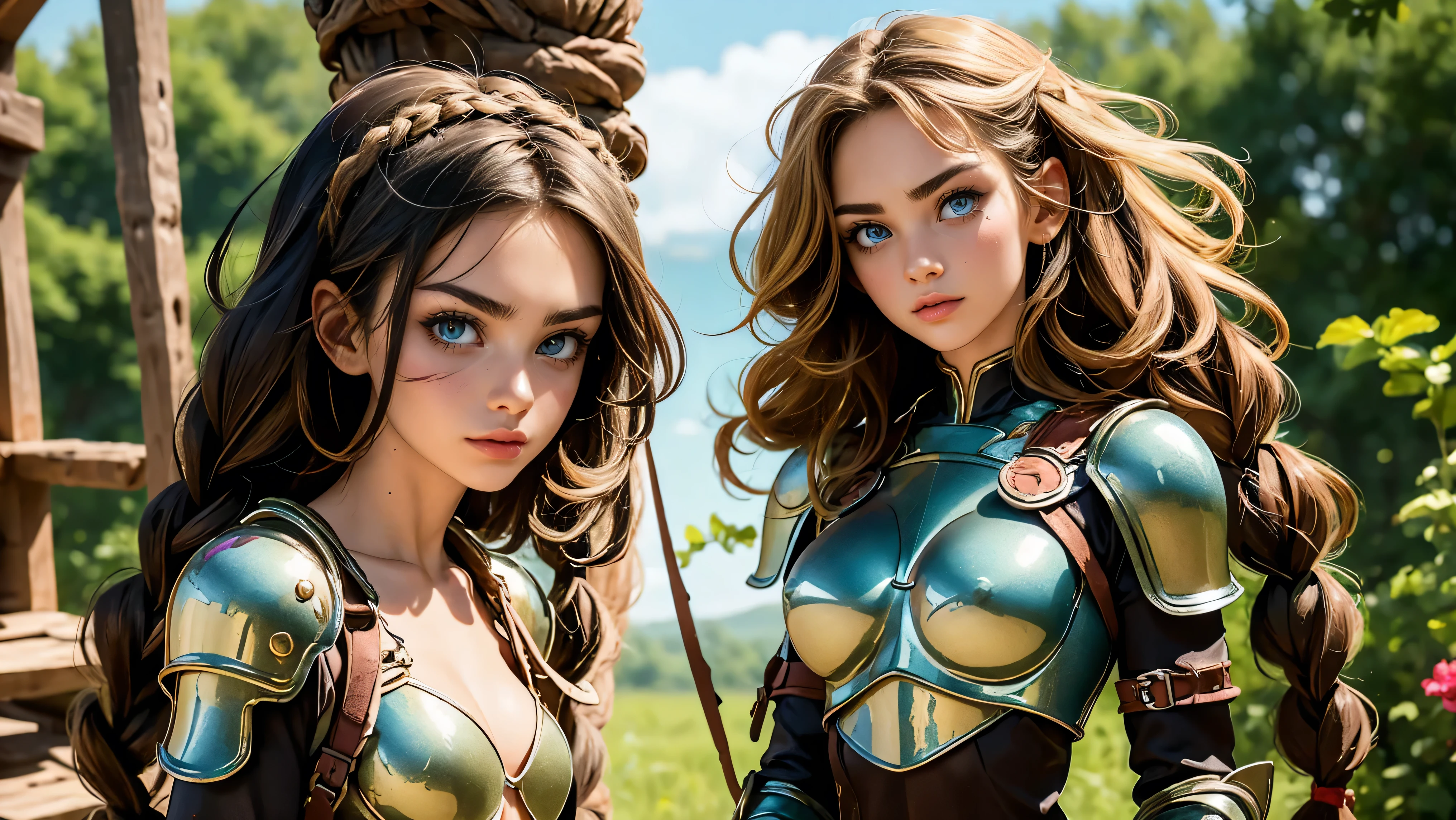 Masterpiece, Hi-detailed, best quality, 8K, (realistic:1.2), ((1 girl)), ((solo)), (( Warrior girl)), ((war paint )), (standing tall), ((cute, young, yr)), (tall and lanky), (Skinny), (thin frame), (fit, body), (muscular but feminine body), (small braids in her hair), (small breasts, round breasts), ((leather armor)), ((extremely revealing)), cleavage, beautiful, perfect face, perfect body, large eyes, blue eyes, standing looking at a beautiful vista, Middle Ages, Fantasy,