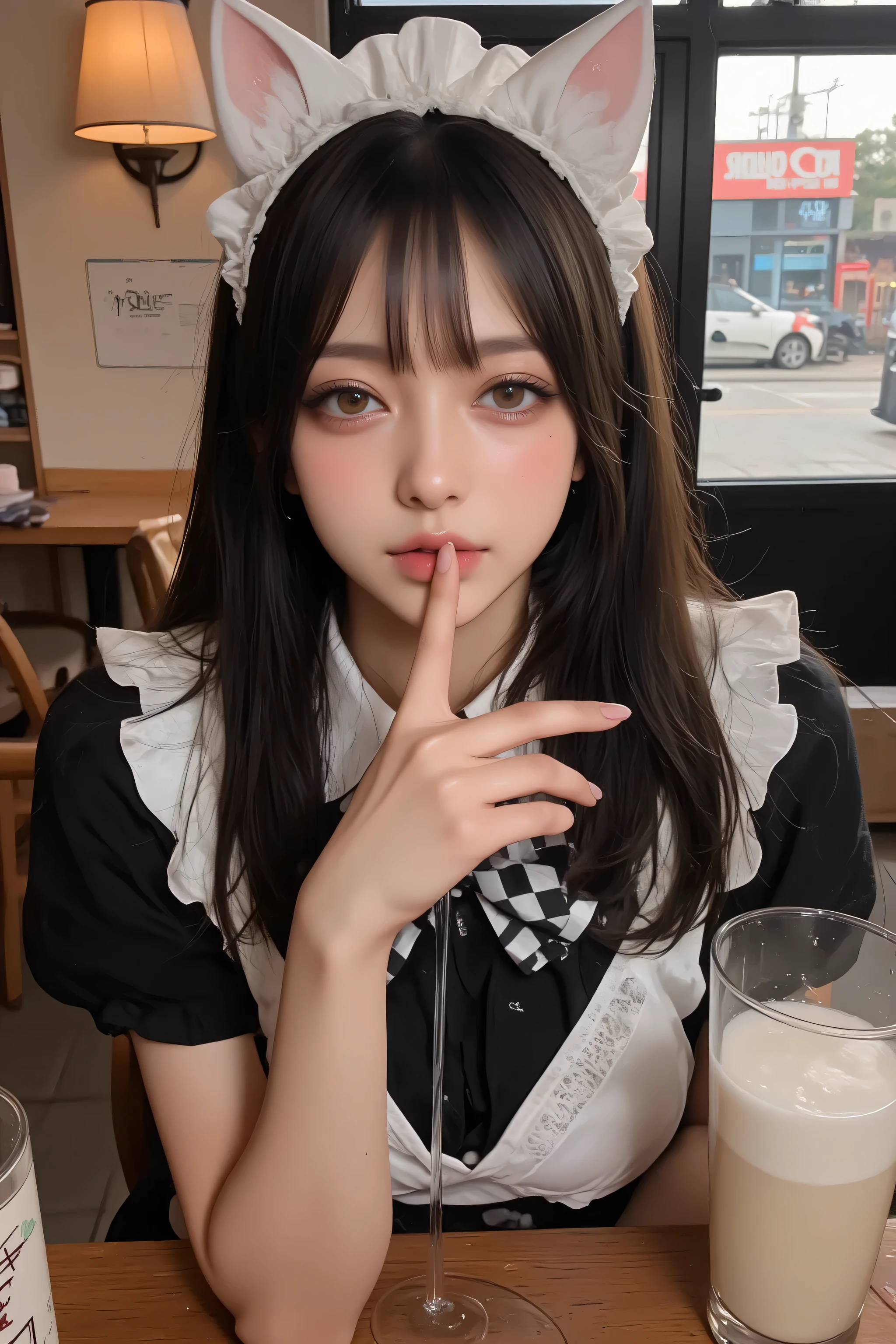 (Masterpiece, best quality :1.2), (超 high resolution :1.2), (8k:1.2), ( Details:1.2), ( Details :1.2), ( intricate detail in wet water :1.2), ( Sharp Concentration :1.2), ( high resolution :1.2), raw photo of a cute 20 year old Japanese woman 、Thin and small face , V-shaped chin , High cheekbones , big almond-shaped eyes and long eyelashes , light brown eyeshadow , smooth skin, Straight black hair with bangs , Exposed ears covering belly , small smile , Check shirt ( black and white maid clothes :1.3), white frilly apron , white lace headdress , black tights , solo fox brown sneakers , standing at a maid cafe , elegant pose , indoor, ( Soft Writing :1.1), ( cozy atmosphere :1.1), 2 cute Japanese girls , Korean woman , 18 years old,