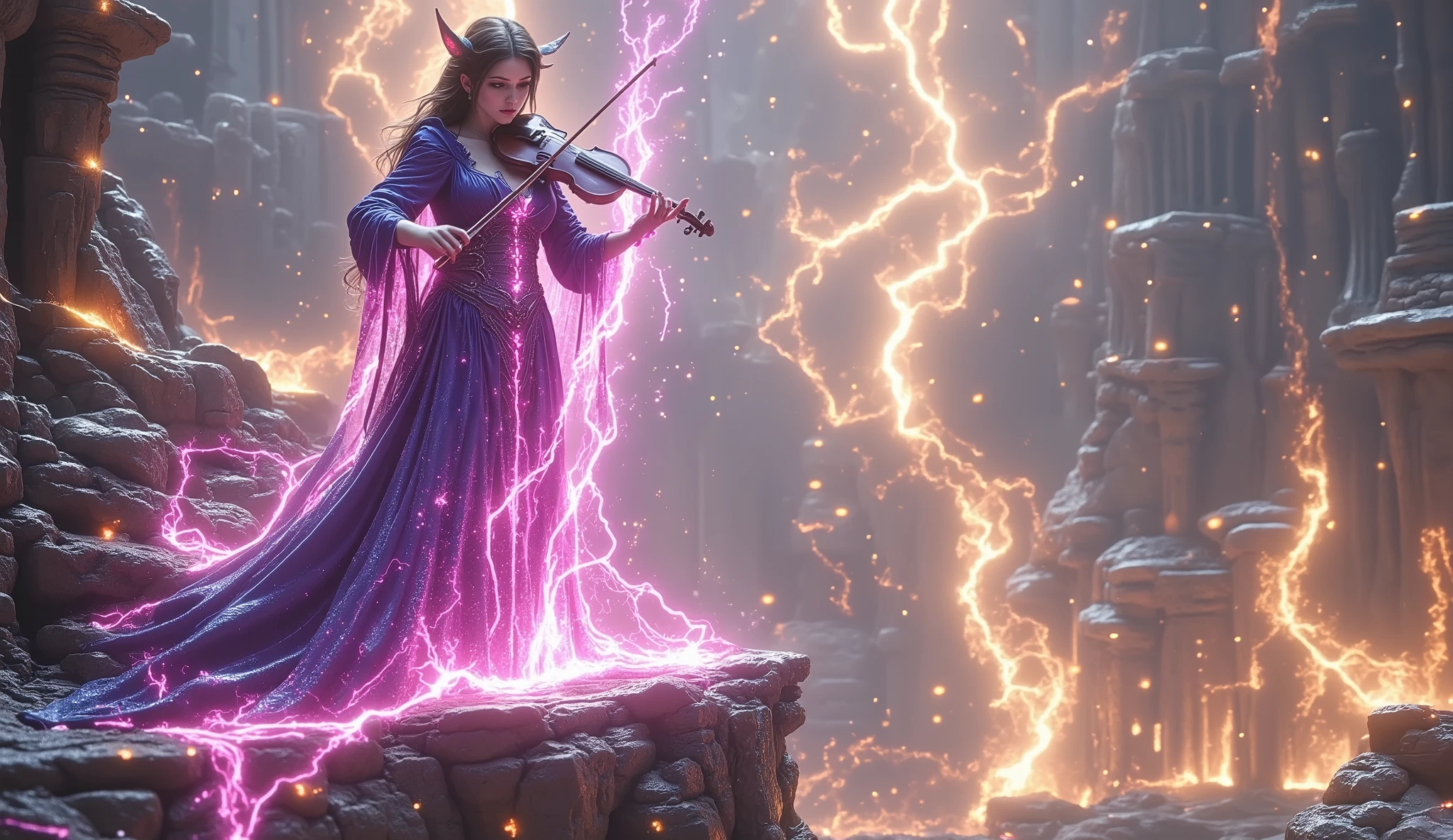 standing from a distance (1:15) a beautiful angry demon woman wearing a robe, playing the violin with brilliant energy on the stage on the cliff of ruins, fire and lightning flashing, aurora sparks around her, a realistic and fiery fantasy, a great masterpiece, a portrait from a distance, full body.
