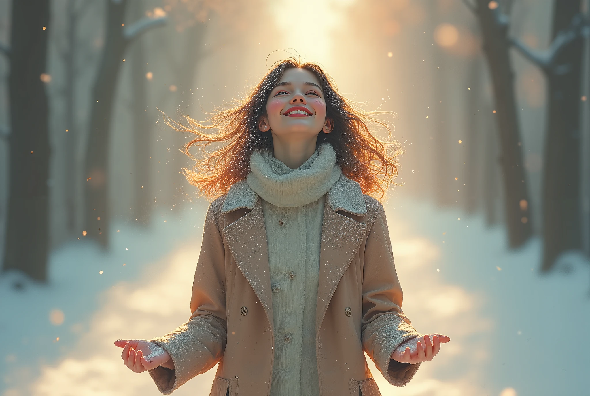 1 girl, Japanese,winter,( upper body up ),Woman walking along a tree-lined street where powder snow flutters ,Front ,Asahi, beautiful gradation , is written in depth, Particles of light and powder snow fluttering in the air gently envelop her, stylish warm jacket , facial hair , beautiful faces, beautiful hair fluttering in the wind, White Breath, nostalgic, calm,A woman with a gentle smile spreading her hands to the sky, Aerial Photography,(Do not display text:2.0)