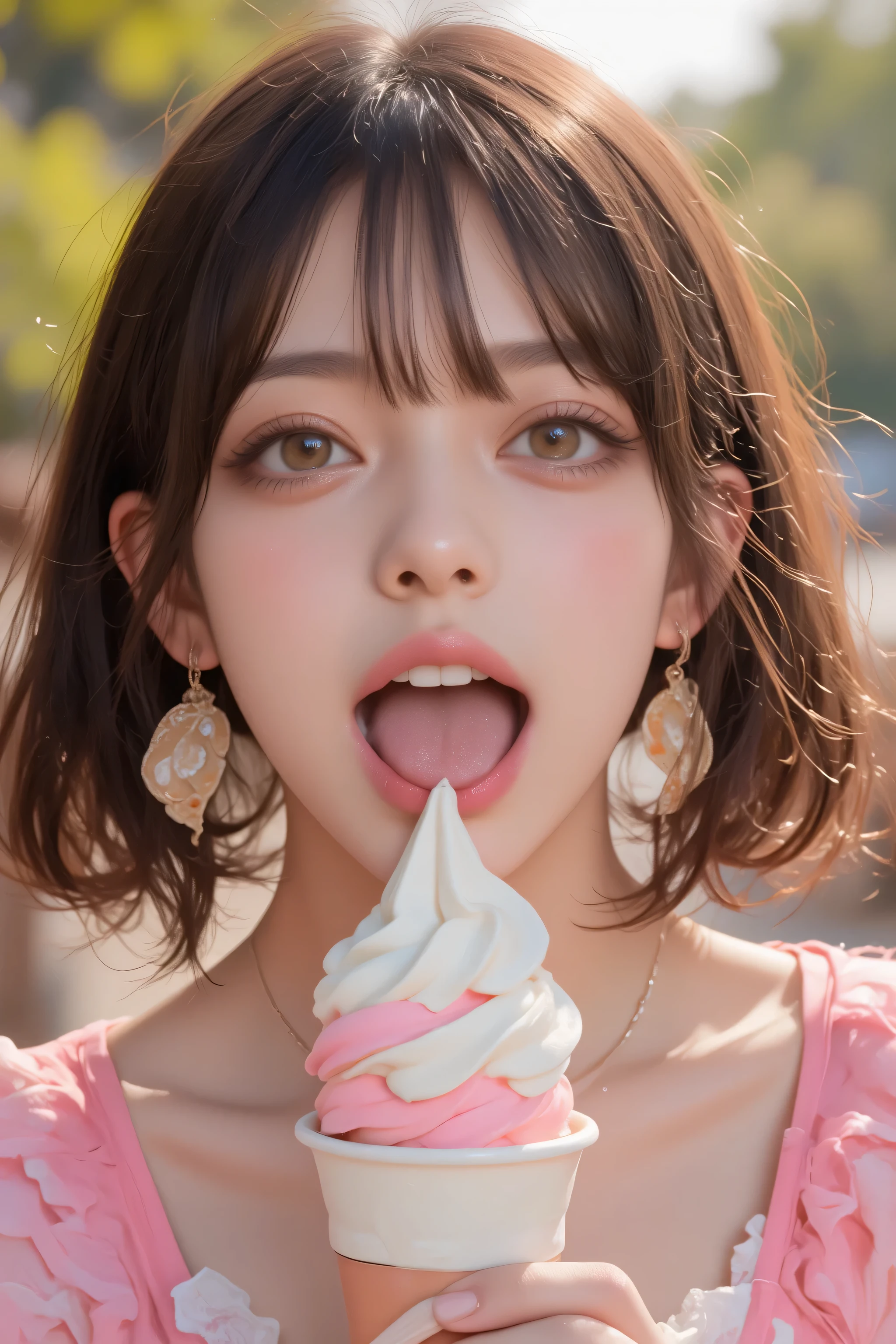      open their mouths wide   ,((Masterpiece,best quailluminationy 1.4)), (8k,     RAW photo :1.2), (   realistic ,photo    realistic :1.4),      Ultra Fine  , (    High Resolution 8K Wallpaper    ) ,   Japanese    Idols,    Japanese    actress,    Japanese   ,      so cute  ,    big eyes,  Face and eyes 、    has been carefully drawn down to the smallest detail。    、   Blood Comes Back to My Face    ,        Down to the last detail   ,   shiny skin with s,  portrait ,(     twin tails :1.2),(smile:1.3) ,(    I have soft serve ice cream that is easy on the hands ,    I have soft serve ice cream in my mouth The depth of the border written in      :1.2),illumination,   Concentration  ,     Boundary depth of writing  , (     dynamic angles  :1.4 ).         blur the background     , Bokeh, (   blouse,     ruffle skirt   :1.2) ,(   Daytime in the Park    .)