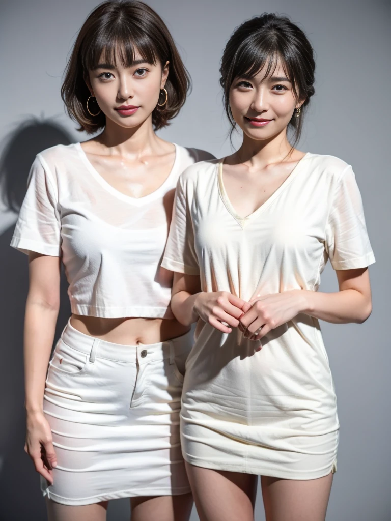 Mature Woman、Large saggy breasts、The shape of her breasts can be seen even through her clothes.、(See-through sleeveless blouse with buttons)、Slender、45-year-old woman、A very tall woman with a big nose、front、whole body、Facial wrinkles are more noticeable、Japanese、2 shotmile、Thin and beautiful legs