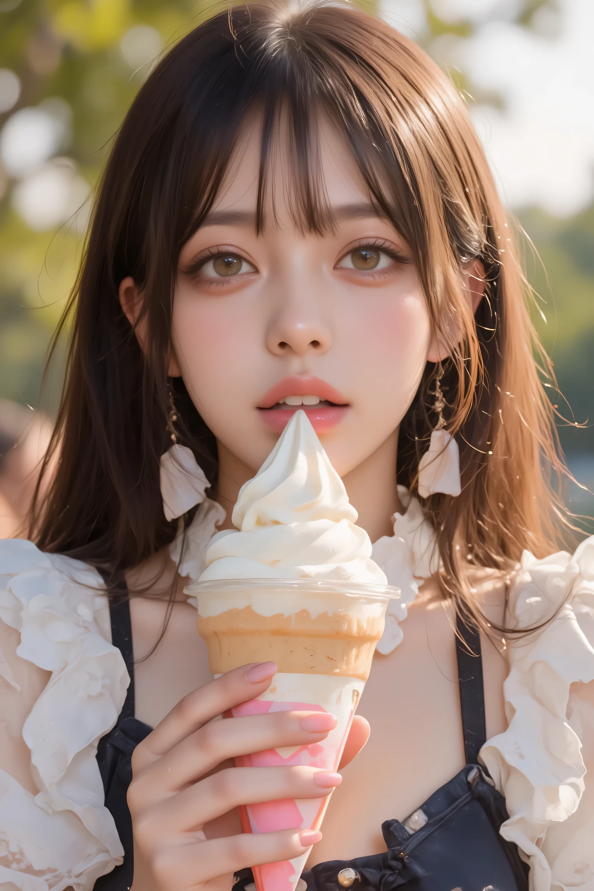      open their mouths wide   ,((Masterpiece,best quailluminationy 1.4)), (8k,     RAW photo :1.2), (   realistic ,photo    realistic :1.4),      Ultra Fine  , (    High Resolution 8K Wallpaper    ) ,   Japanese    Idols,    Japanese    actress,    Japanese   ,      so cute  ,    big eyes,  Face and eyes 、    has been carefully drawn down to the smallest detail。    、   Blood Comes Back to My Face    ,        Down to the last detail   ,   shiny skin with s,  portrait ,(     twin tails :1.2),(smile:1.3) ,(    I have soft serve ice cream that is easy on the hands ,    I have soft serve ice cream in my mouth The depth of the border written in      :1.2),illumination,   Concentration  ,     Boundary depth of writing  , (     dynamic angles  :1.4 ).         blur the background     , Bokeh, (   blouse,     ruffle skirt   :1.2) ,(   Daytime in the Park    .)