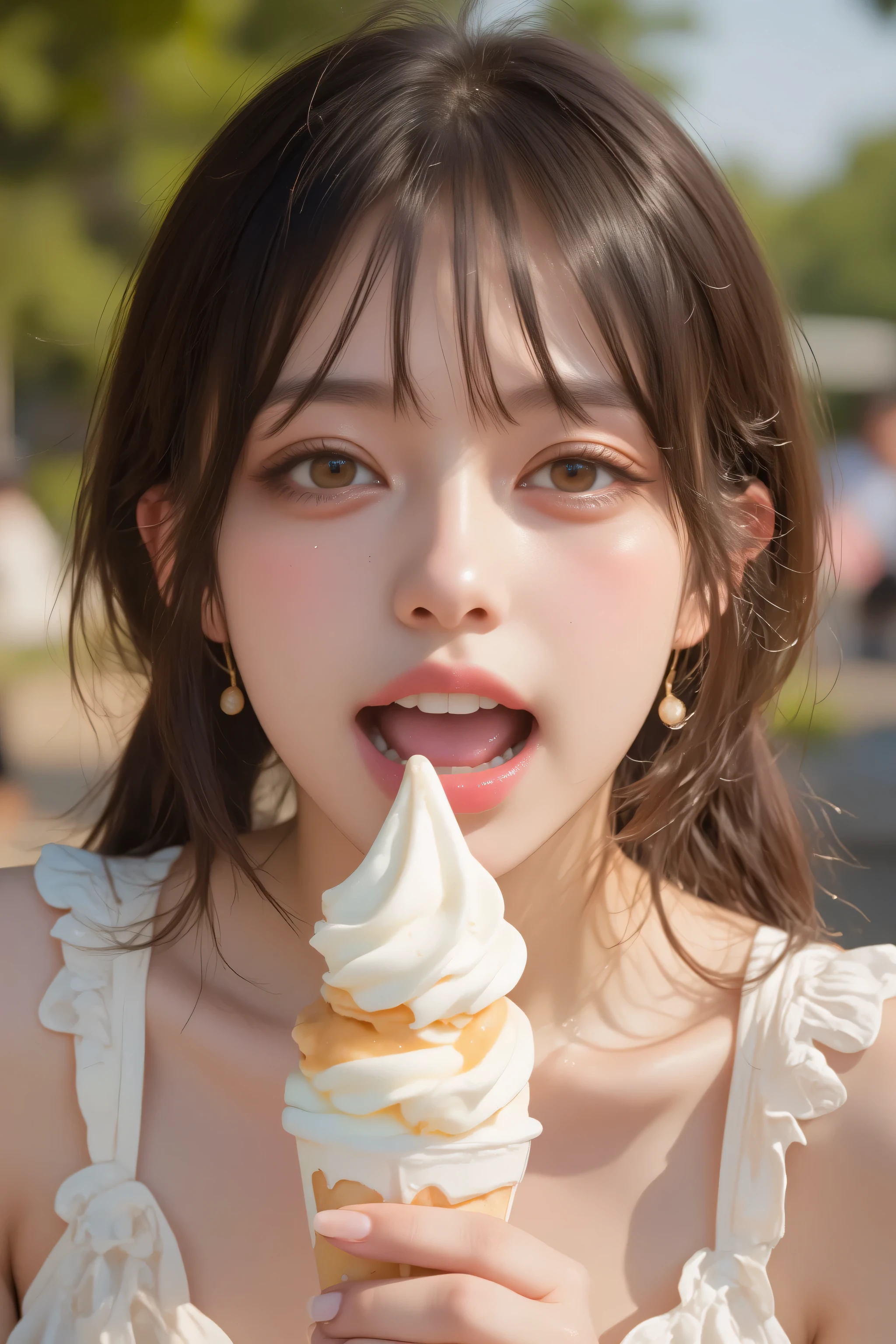 open their mouths wide ,((Masterpiece,best quailluminationy 1.4)), (8k, RAW photo :1.2), ( realistic ,photo realistic :1.4), Ultra Fine , ( High Resolution 8K Wallpaper ) , Japanese Idols, Japanese actress, Japanese , so cute , big eyes, Face and eyes 、 has been carefully drawn down to the smallest detail。 、 Blood Comes Back to My Face , Down to the last detail , shiny skin with s, portrait ,( twin tails :1.2),(smile:1.3) ,( I have soft serve ice cream that is easy on the hands , I have soft serve ice cream in my mouth The depth of the border written in :1.2),illumination, Concentration , Boundary depth of writing , ( dynamic angles :1.4 ). blur the background , Bokeh, ( blouse, ruffle skirt :1.2) ,( Daytime in the Park .)