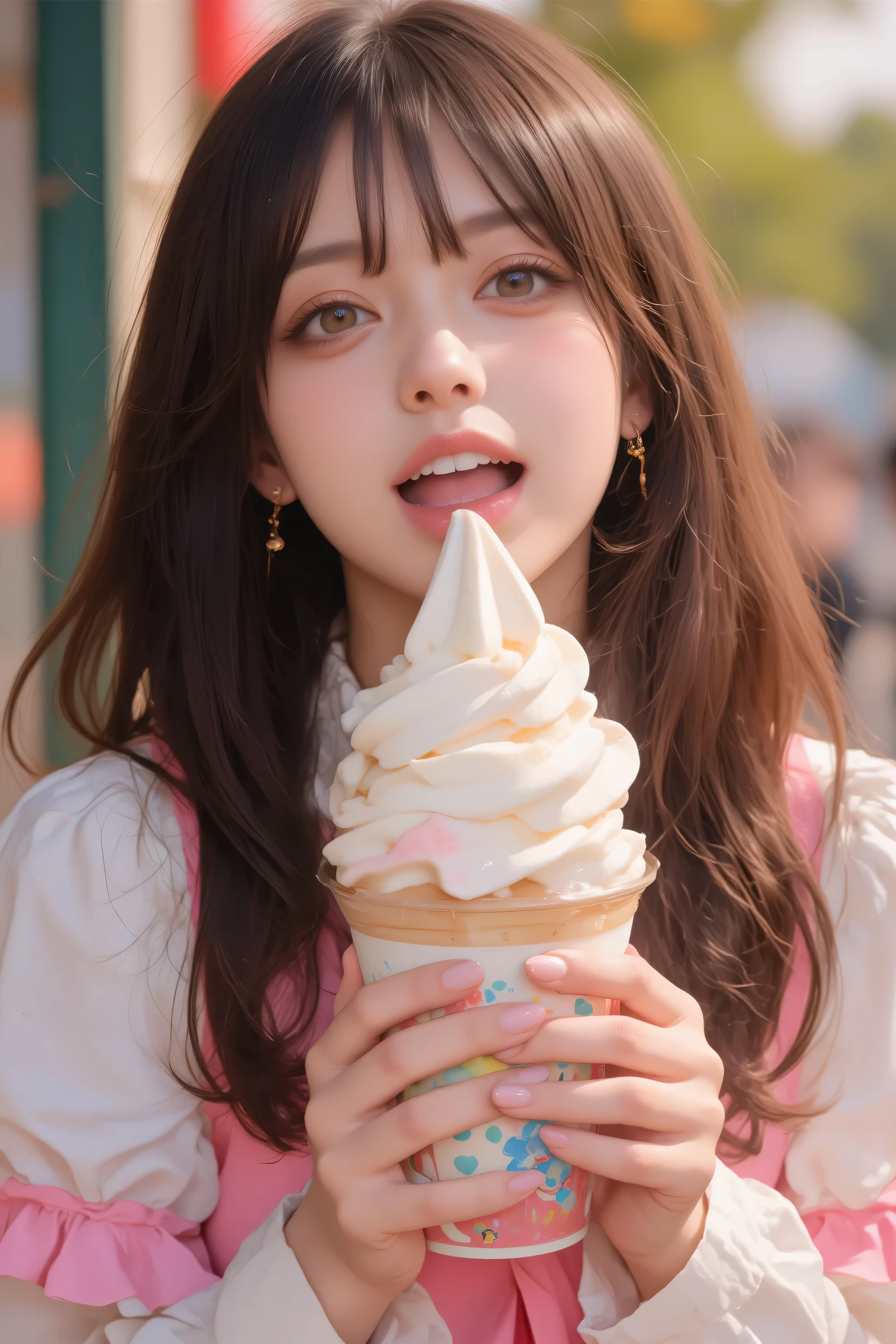 open their mouths wide ,((Masterpiece,best quailluminationy 1.4)), (8k, RAW photo :1.2), ( realistic ,photo realistic :1.4), Ultra Fine , ( High Resolution 8K Wallpaper ) , Japanese Idols, Japanese actress, Japanese , so cute , big eyes, Face and eyes 、 has been carefully drawn down to the smallest detail。 、 Blood Comes Back to My Face , Down to the last detail , shiny skin with s, portrait ,( twin tails :1.2),(smile:1.3) ,( I have soft serve ice cream that is easy on the hands , I have soft serve ice cream in my mouth The depth of the border written in :1.2),illumination, Concentration , Boundary depth of writing , ( dynamic angles :1.4 ). blur the background , Bokeh, ( blouse, ruffle skirt :1.2) ,( Daytime in the Park .)