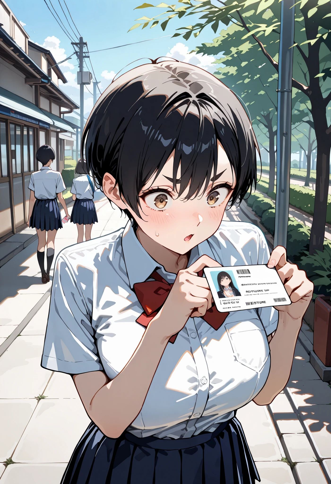 cute boyish girl ,very short hair, defined eyebrows, black hair, Aquiline nose, Techno Cut, big breasts:1.3,(((short stature))), looking at another, surprised, hold a business card in both hands, from avobe, hand focus, School Uniforms, navy skirt, White shirt , outdoors, masterpiece, best quality, amazing quality, very aesthetic, absurdres, newest, super detailed, extremely detailed, explicit ,