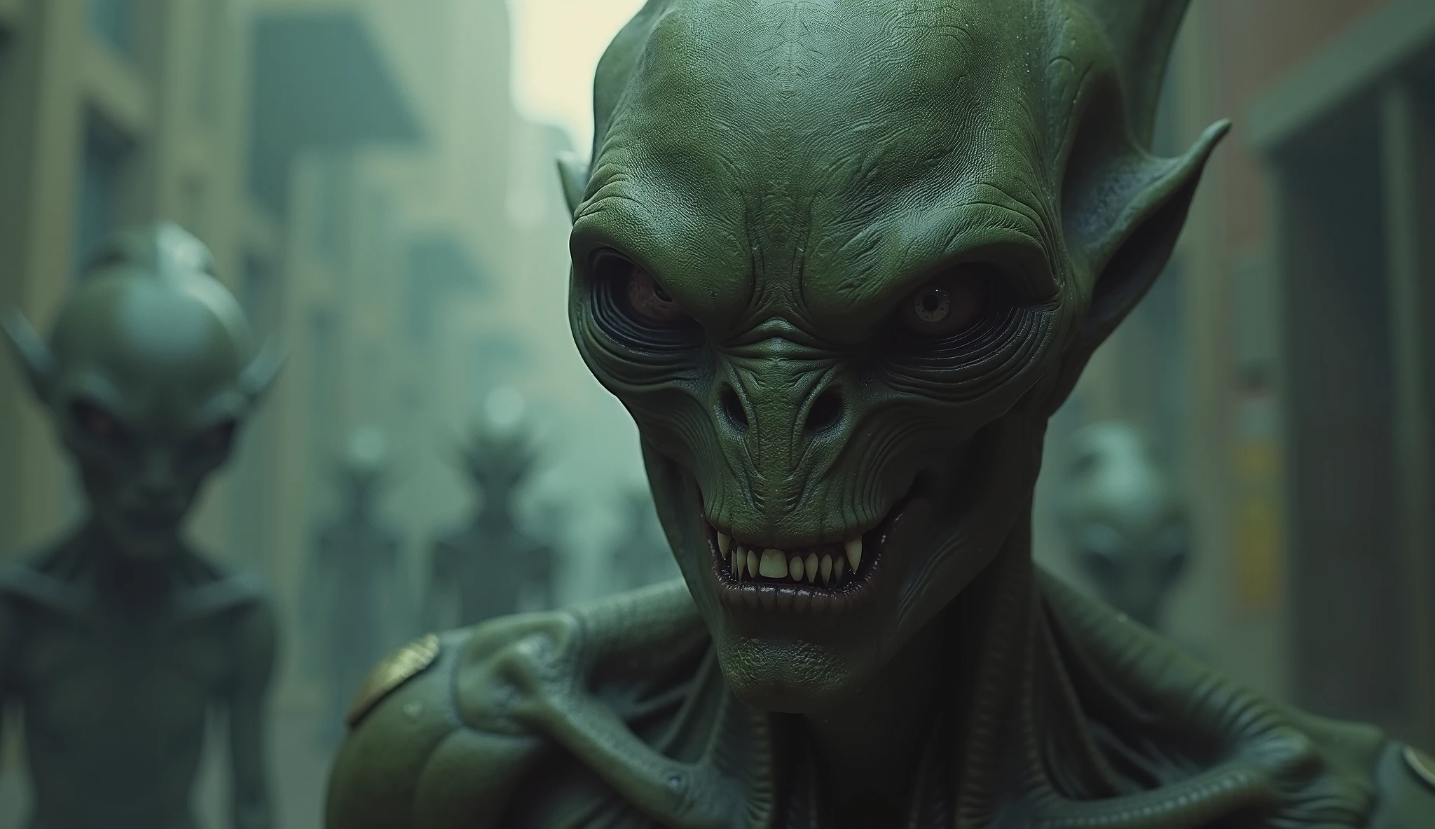 One guy taking a selfie with a group of green aliens, high details of the face and skin, high detail, logo: "neuro"