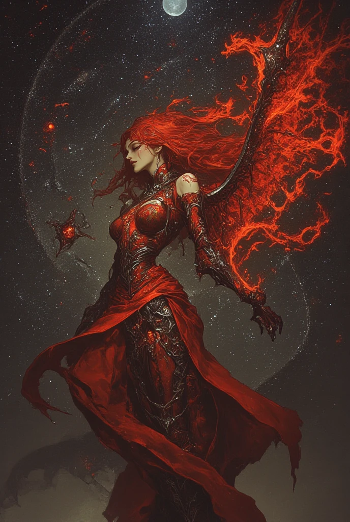 Flames surrounded the girl, blue color eyes, very long flowing red hair, busty figure, Black rose gold trimmed sexy dress, War-torn hellish backdrop, The white cloak of the goddess of victory, Holy light, god light, back lit lighting, Fuji colors, Striped hair, Cinematic lighting, Sony FE GM, futurism, conceptual art, Best quality, 8K