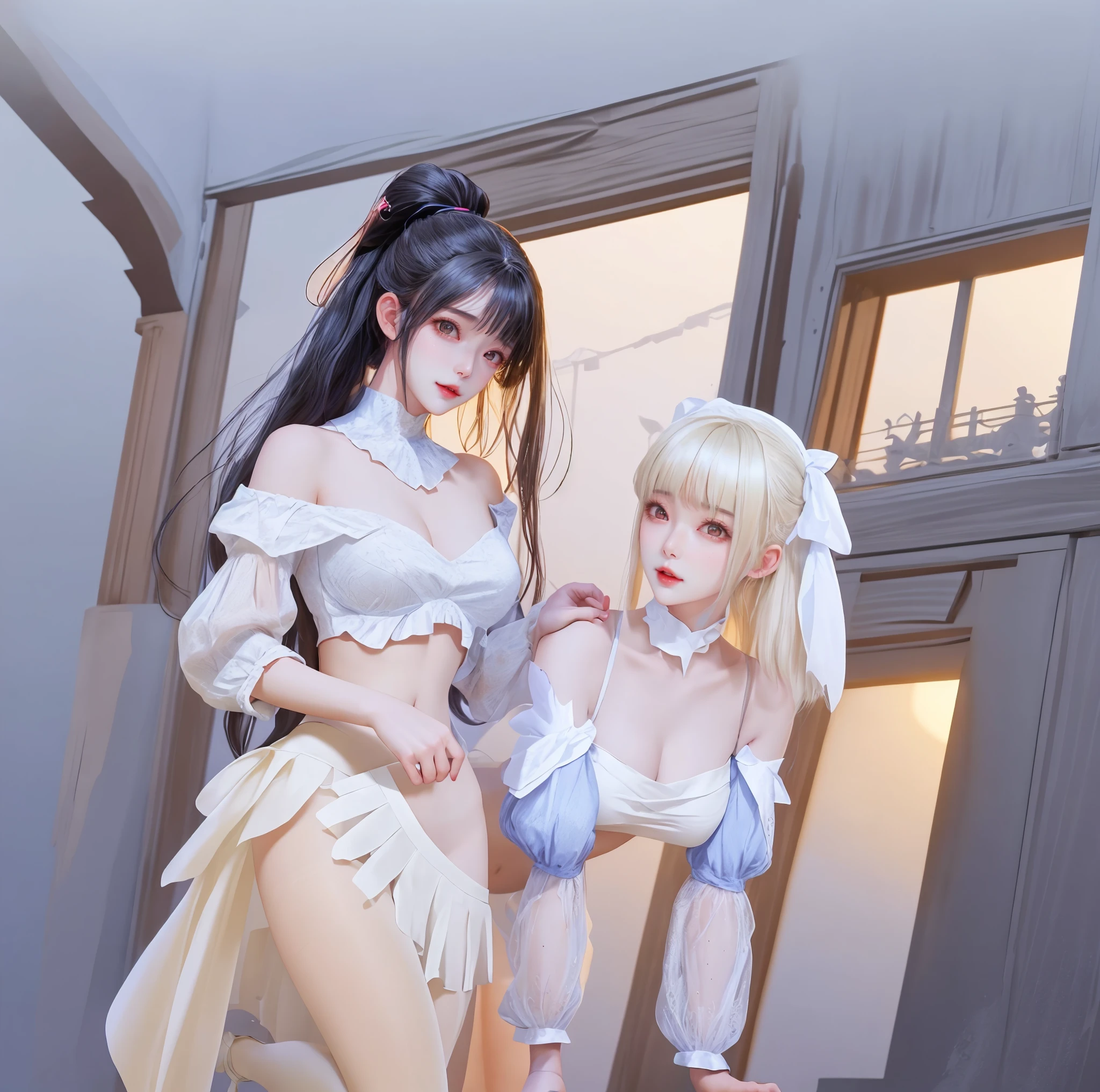 masterpiece, ((Highest quality, Detailed and realistic 3D))、wedding、(Two cute、A good friend、Standing side by side、kawaii:1.3、13 years old、smile、smile、Mr.々Hair style、pubic hair、Smaller breasts)、(((Full nudity、Exposing the breasts、Pussy)))、(Realistic and detailed skin texture、pale pastel wedding dresses:1.2、hair ornaments、Veil、See-through)