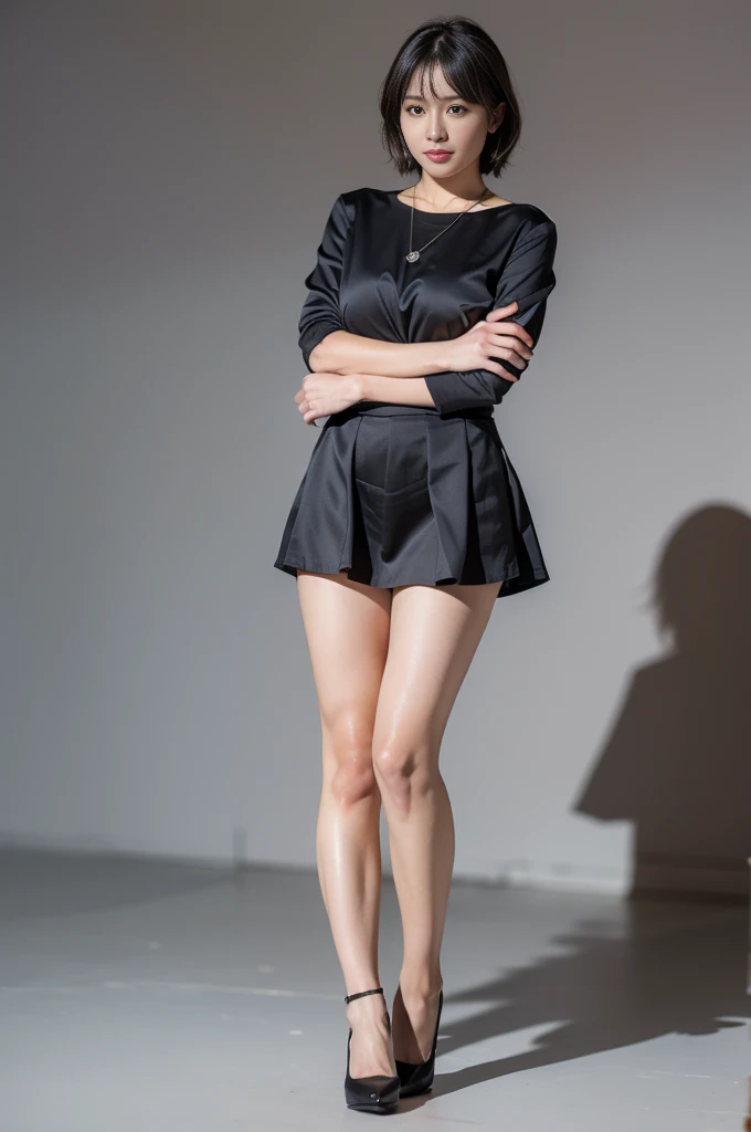black pubic hair, front view, beautiful, completely naked very skinny russian girl 14 years old, bare thighs, earrings, in two color wrap top, stand in mix shoes heel, Arms crossed, white background, photorealistic