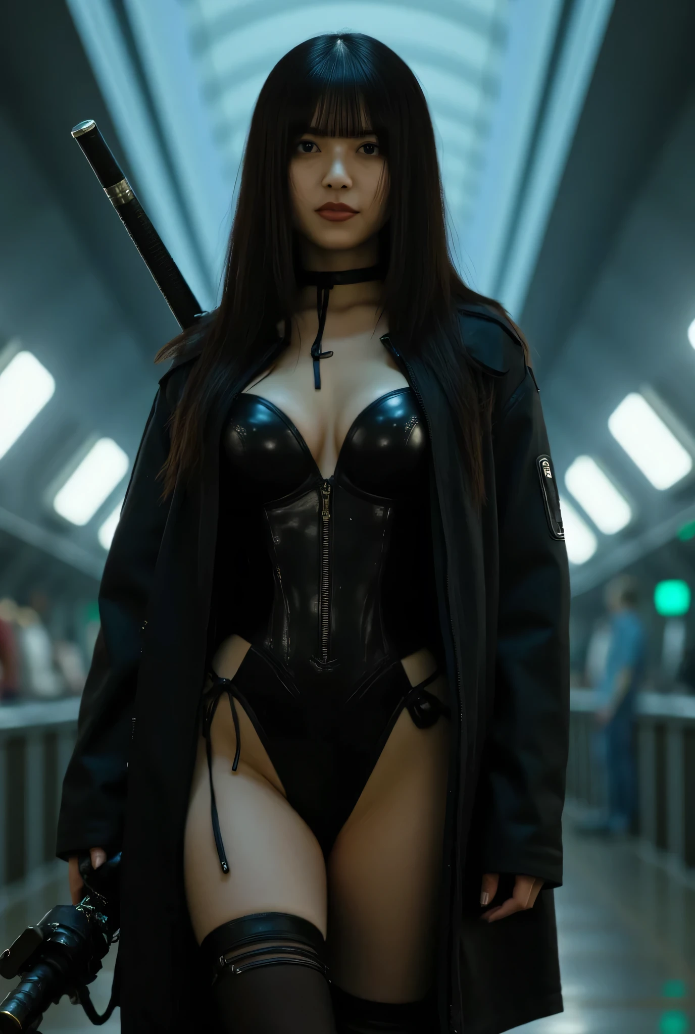 (((The dark interior of the Nostromo ship :2.0))),((( HR Giger style cyberpunk atmosphere:2.0))),((( swing up a cyberpunk-style Japanese sword:2.0))),Stand upstairs ,((whole body:2.0)), one woman,( cute face),(Beautiful well-balanced face ),( natural big breasted :1.5),( black hair:1.5),( beautiful eyes:1.3),Glamorous shot of a 20 year old Japanese woman , Slender Beautiful Body ,( model body type:1.3),(Slim body:1.3), perfect body line, Ideal Proportions ,( big breasts:1.5),Bare thighs,Voluptuous thighs, delicate body,( Shrimp:1.7),A harmonious posture,(Realistic breast depiction :1.7), carefully depict limbs based on perfect anatomy ,((Perfect Naked:1.5)),(((I can't wear panties:2.0))),(((( lower body nude:1.5))),((Wear a samurai armor-style military coat over your nude body:1.9)),(ear monitor:1.5),((Tactical Holster:1.5)),( gloves:1.3), concept art ,( best quality :1.5),(masterpiece:1.5),(Super high resolution),resolution,UHD,( Delicate Depiction), carefully drawn with butterfly wings ,32K,(( realistic skin texture:1.5)),((( Ultra Realistic:1.5))),Draw eyelashes carefully, very detailed face,Highly detailed female hand,Sexy appearance,Very sensual,(Blurry Dim Backgrounds :1.5), chicken,( movie lights:2.0),((Blade Runner Style Light :2.0))