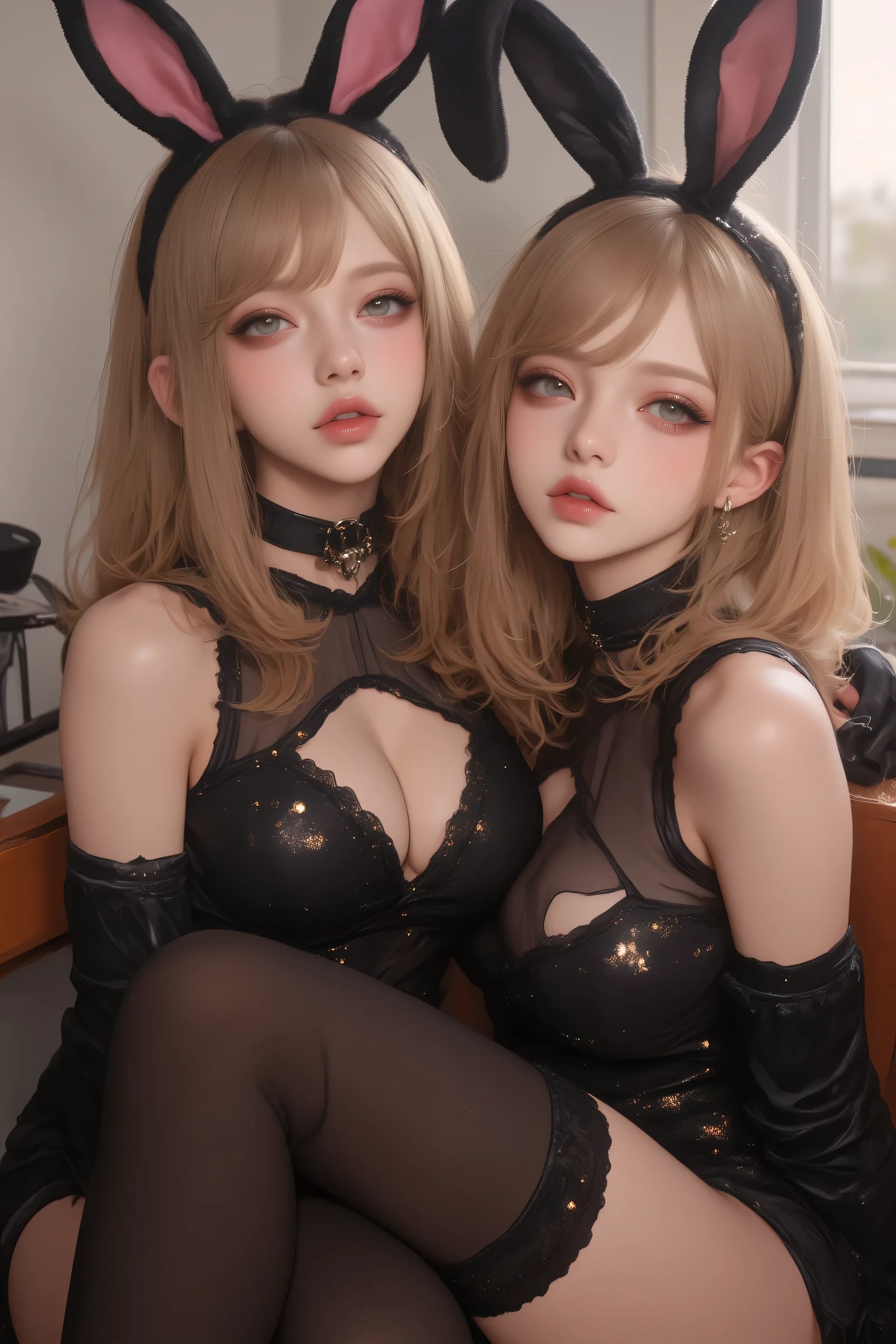 huge boob，Best picture quality，busty figure，Lieyang red lips，Exquisite facial features，Two charming sexy beauties，Wearing black lace erotic lingerie，Wearing black silk fishnet socks，He wore a thick gold chain on his hand，With a collar around the neck，，Wavy blonde，Get wet，high high quality，best qualtiy，Hug and kiss each other，Wear cat ears on the head，Lie down in bed