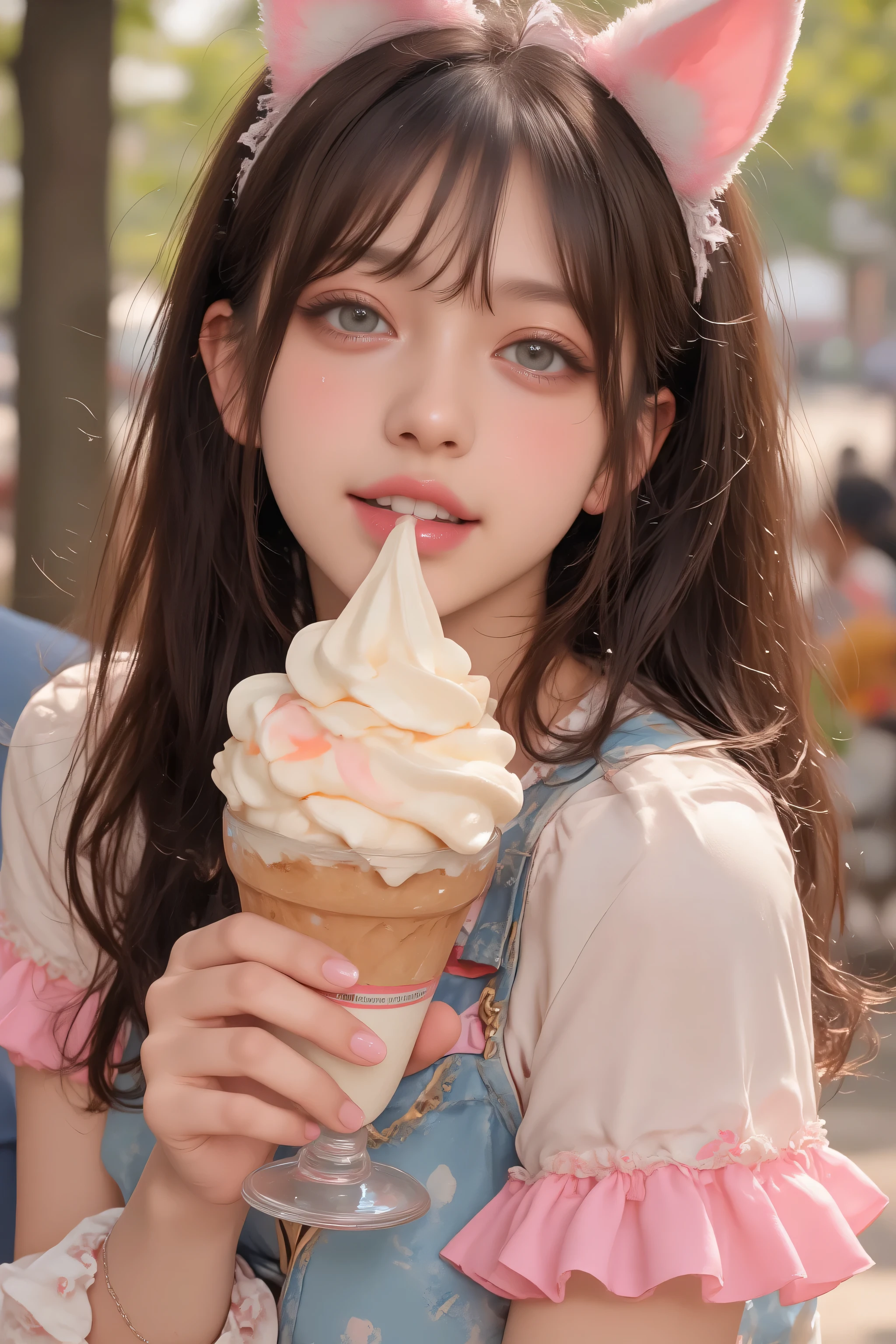 open their mouths wide ,((Masterpiece,best quailluminationy 1.4)), (8k, RAW photo :1.2), ( realistic ,photo realistic :1.4), Ultra Fine , ( High Resolution 8K Wallpaper ) , Japanese Idols, Japanese actress, Japanese , so cute , big eyes, Face and eyes 、 has been carefully drawn down to the smallest detail。 、 Blood Comes Back to My Face , Down to the last detail , shiny skin with s, portrait ,( twin tails :1.2),(smile:1.3) ,( I have soft serve ice cream that is easy on the hands , I have soft serve ice cream in my mouth The depth of the border written in :1.2),illumination, Concentration , Boundary depth of writing , ( dynamic angles :1.4 ). blur the background , Bokeh, ( blouse, ruffle skirt :1.2) ,( Daytime in the Park .)