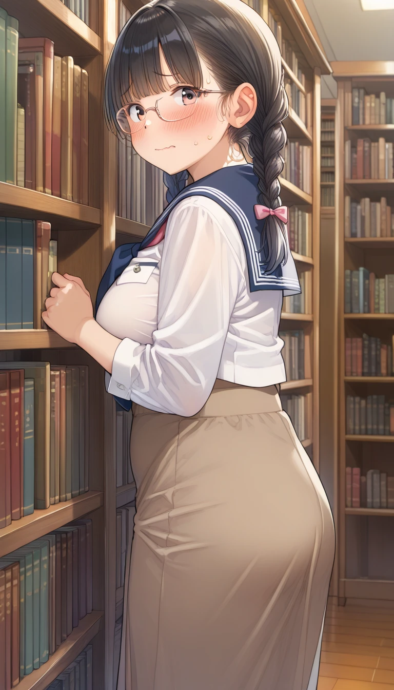 Anime-style image of a woman wearing a short skirt and glasses, hyperRealistic , a hyperRealistic , chic, Realistic , , Gwaiz, artwork in the style of Gwaiz, (SFW) Safe at Work, [ 4k digital art ]!!, Short full body portrait!,(masterpiece), (One serious civil service commissioner: 1.3), (Super thick and plump body: 1.3), (Huge breasts and buttocks)), (Small Head: 1.2), (Very small uniform)), (Shiny skin: 1.2), (A speech while crouching in the stands in the schoolyard in the morning)), {fat},1boy, penis, doggystyle, from behind, spreadassms, chubby body, fat body, short,ultra detailed, masterpiece, best quality, blush, a woman, rolling eyes, open mouth, school girl, wearing , wearing glasses, classroom, sunset, light particles, hdr, brown grey hair, midium wavy hair, shiny hair, bang, single braid, clear grey eyes, Smiling Kiss, Tongue Out, アニメ ,orgasm face, sexual climax, bitch, back shot, back view, low angle, from below, back view, arched back, looking back, all fours, chubby body, BIG ASS , saliva, BBW, slender waist, anal, seiza, hands on head,white eyes, Hand Drawn, Showing Ass, Bobcut, Knee socks, (Super thick and plump body: 1.3), Butt sticking out, Close your legs, seiza, spread legs, pleated skirt, Stretch your arms back, long pleated skirt, I can&#39;t see your butt, Buttocks hide, Arms folded behind back, Super big butt, Awesome numbness , Plump , Chubby, Butt sticking out,
