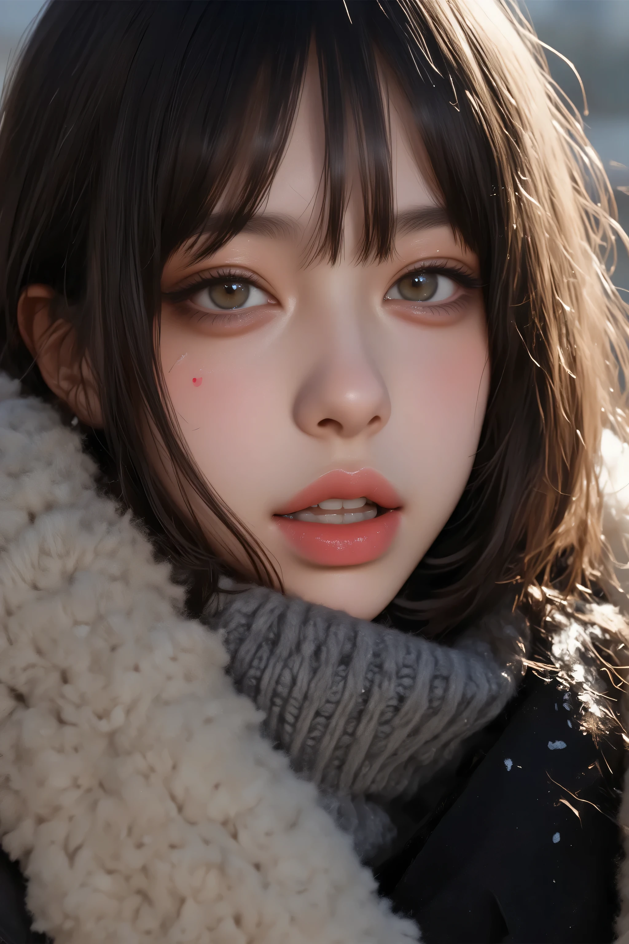 (( coal mine without makeup 、 close eyes 、 close your mouth:1.2))、( realistic 、 Photo realistic 、 tall Highly detailed 、 realistic skin type 、 in、 has the thinnest skin on the inside 、 Top Quality 、 Masterpiece 、 Ultra-Fine )、 very short hair 、、 high school girl with visible armpits 、 young girl、 1 girl、 bang 、 double eyelids、Drooling eyes、 Detailed Realistic Skin Texture 、purity、Double teeth、 realistic 肌タイプ、Thick muffler、 grey scarf 、 fluffy hair that pulls the body together、(( Inside is 、 the hair is a muffler :1.3))、 red cheeks 、 the wind is blowing 、that' snows 、 knight 、illumination、 in、The light shines ,(( cowboy shot ))、