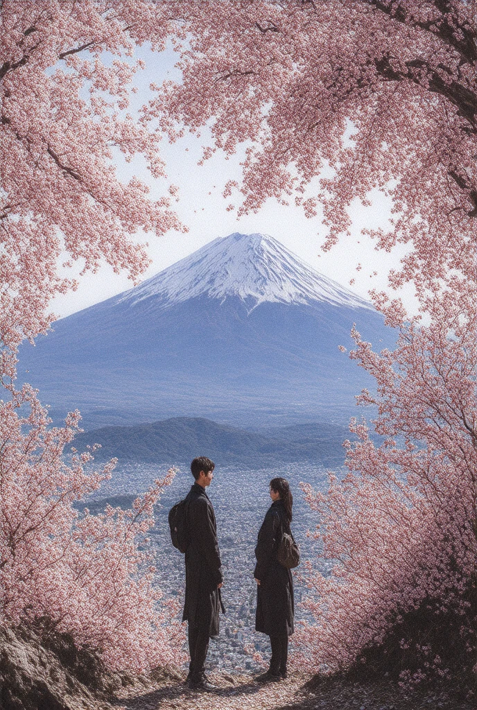 " once-in-a-lifetime" added to the woman's left side 、Depict a scene where two travelers from different countries meet along with the scenery of Japan's cherry blossoms and Mt. Fuji