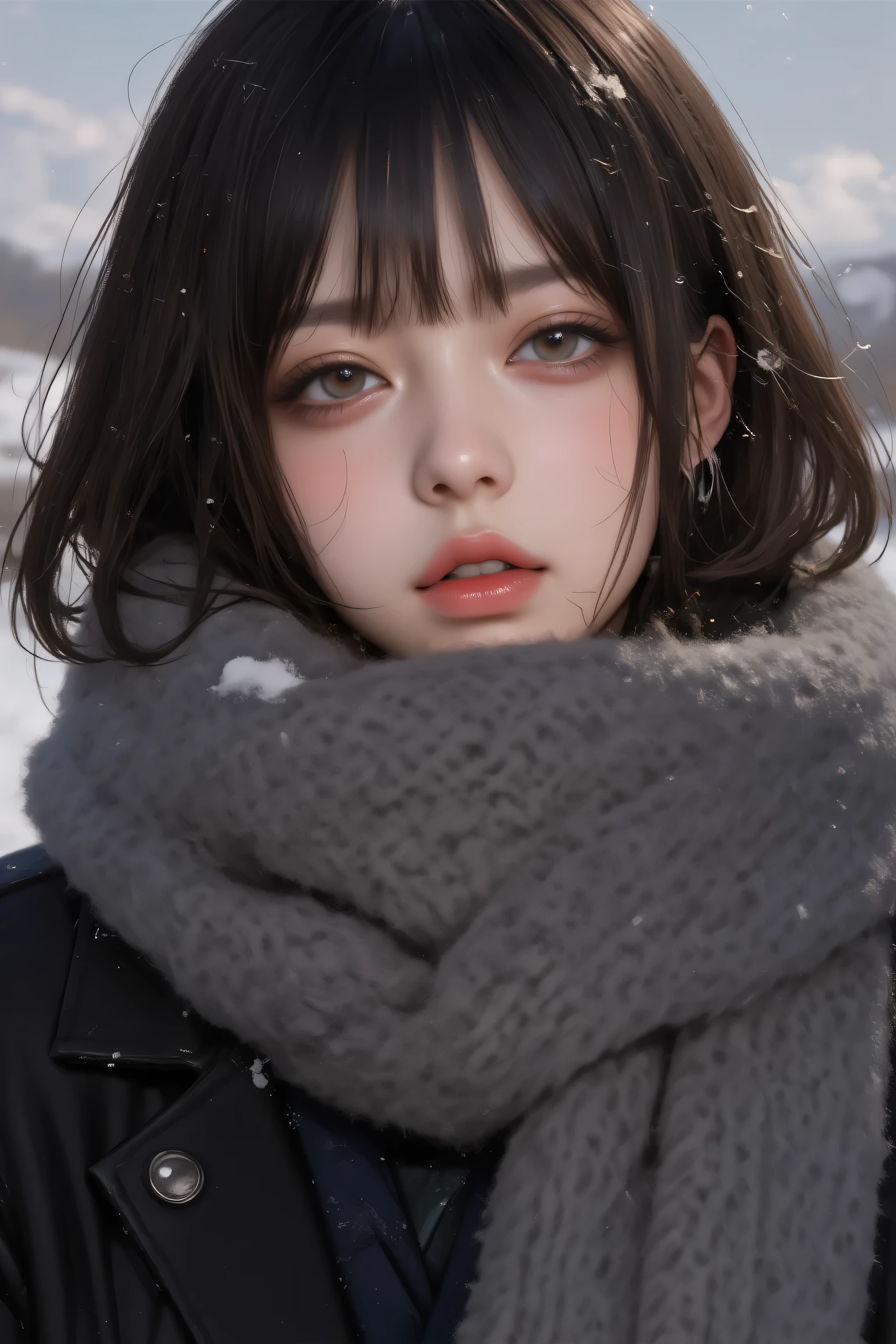 ((  coal mine without makeup   、    close eyes  、    close your mouth:1.2))、(    realistic  、 Photo   realistic  、    tall Highly detailed 、   realistic skin type  、  in、   has the thinnest skin on the inside     、    Top Quality 、    Penis Masterpiece    、    Ultra-Fine )、    very short hair  、、      high school girl with visible armpits    、    young girl、    1 girl、 bang 、  double eyelids、Drooling eyes、      Detailed Realistic Skin Texture      、purity、Double teeth、    realistic  肌タイプ、Thick muffler、    grey scarf     、 fluffy hair that pulls the body together、((    Inside is   、  the hair is a muffler      :1.3))、    red cheeks    、     the wind is blowing    、that&#39;    snows   、 knight 、illumination、  in、The light shines from behind   ,((   cowboy shot ))、