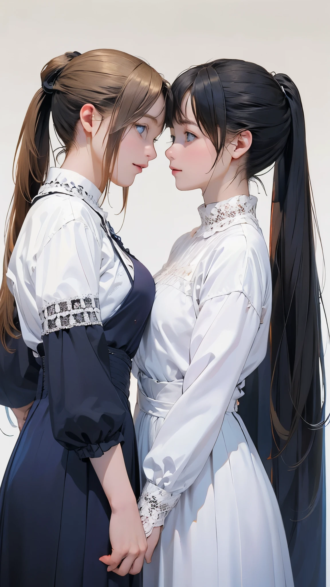 photorealistic,and sharp focus,Highly detailed, masterpiece, ultra-detailed, illustration, best quality,((upper-body)),((2 girls)),stand face to face and close together,Full body,(kissed each other),((Their breasts were squeezed together and deformed)),bangs, glasses, bun,BDSM,blush,black collar,arms behind back,bondage,neck lock in a black collar,hands behind her back in an anti-prayer posture,wrist attached to her collar with a piece of chain , Large window, City view outside window, white shirt, breasts apart,jewelry, ((huge breasts)),Black long pencil skirt, black stiletto heels