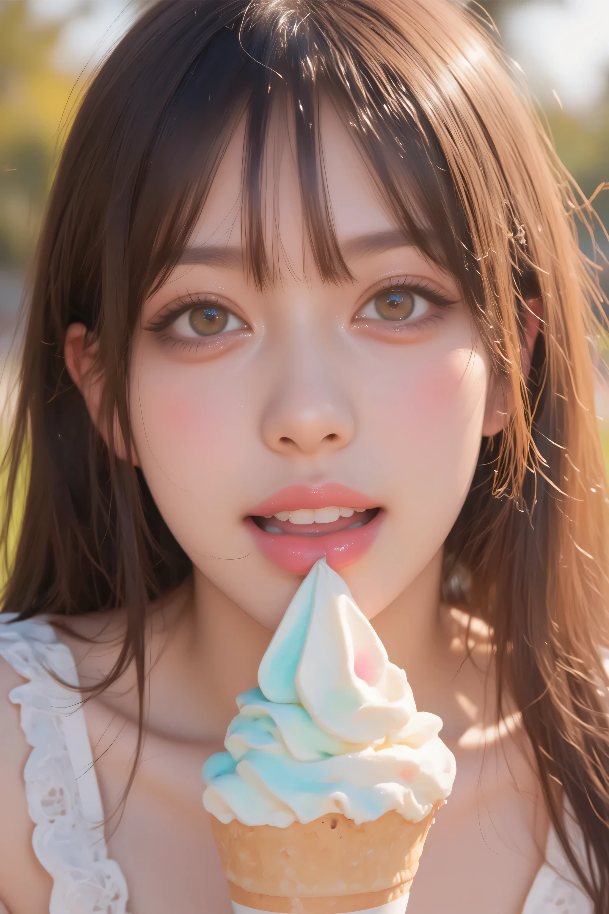 open their mouths wide ,((Masterpiece,best quailluminationy 1.4)), (8k, RAW photo :1.2), ( realistic ,photo realistic :1.4), Ultra Fine , ( High Resolution 8K Wallpaper ) , Japanese Idols, Japanese actress, Japanese , so cute , big eyes, Face and eyes 、 has been carefully drawn down to the smallest detail。 、 Blood Comes Back to My Face , Down to the last detail , shiny skin with s, portrait ,( twin tails :1.2),(smile:1.3) ,( I have soft serve ice cream that is easy on the hands , I have soft serve ice cream in my mouth The depth of the border written in :1.2),illumination, Concentration , Boundary depth of writing , ( dynamic angles :1.4 ). blur the background , Bokeh, ( blouse, ruffle skirt :1.2) ,( Daytime in the Park .)