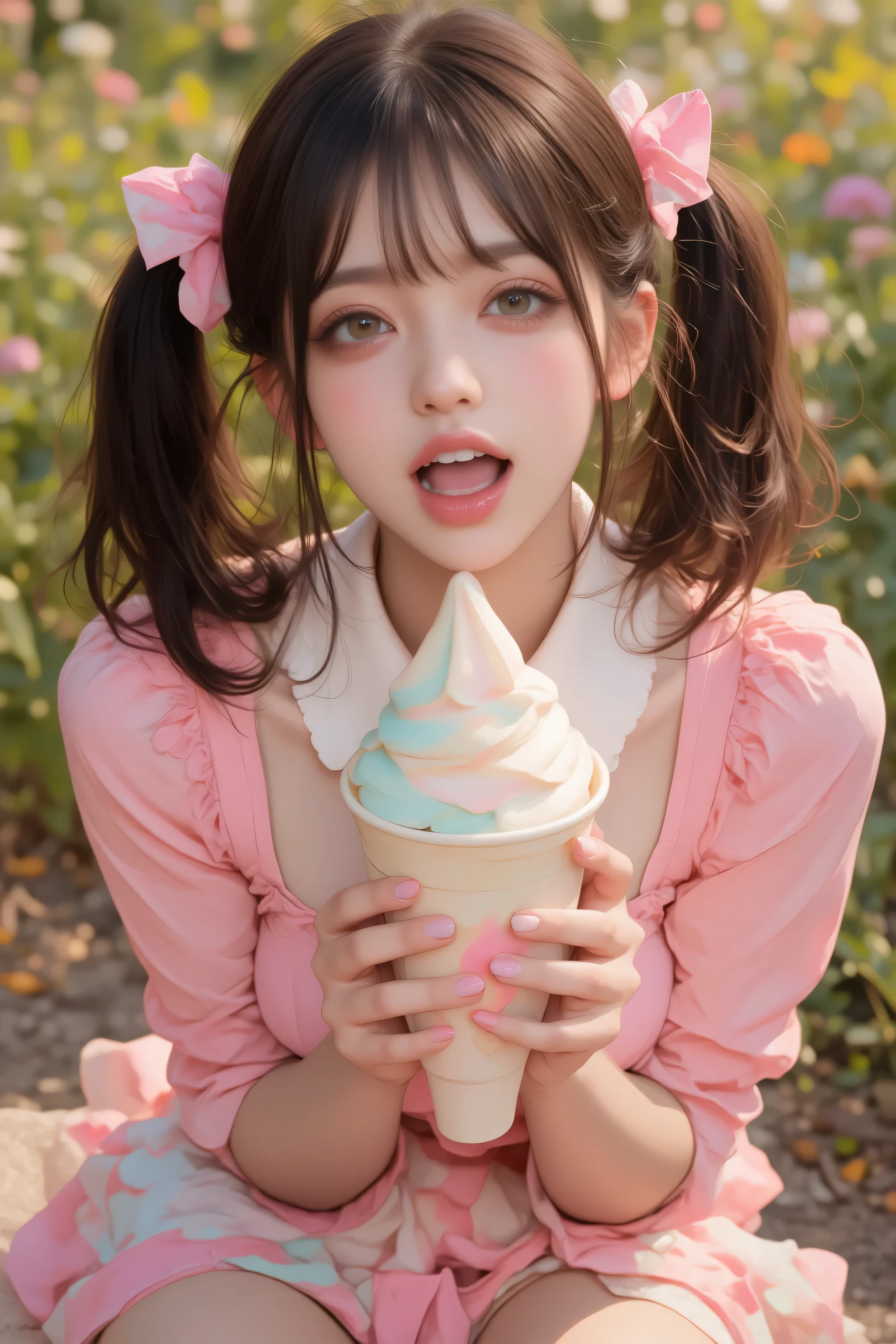      open their mouths wide   ,((Masterpiece,best quailluminationy 1.4)), (8k,     RAW photo :1.2), (   realistic ,photo    realistic :1.4),      Ultra Fine  , (    High Resolution 8K Wallpaper    ) ,   Japanese    Idols,    Japanese    actress,    Japanese   ,      so cute  ,    big eyes,  Face and eyes 、    has been carefully drawn down to the smallest detail。    、   Blood Comes Back to My Face    ,        Down to the last detail   ,   shiny skin with s,  portrait ,(     twin tails :1.2),(smile:1.3) ,(    I have soft serve ice cream that is easy on the hands ,    I have soft serve ice cream in my mouth The depth of the border written in      :1.2),illumination,   Concentration  ,     Boundary depth of writing  , (     dynamic angles  :1.4 ).         blur the background     , Bokeh, (   blouse,     ruffle skirt   :1.2) ,(   Daytime in the Park    .)