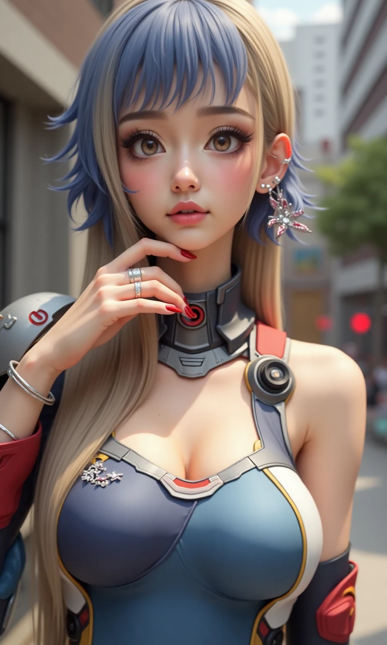 Ultra-detailed complex 3D rendering of the face, (masterpiece, top quality, octane rendering,), glamour shots full body image, very beautiful young elves, cleavage, (highly detailed skin: 1.2), (exposure: 1.1), ((blue micro bikini: 1.95)))). , 8k, (((very soft breasts)), (((conspicuous large pink areola)), beautiful Caucasian woman with white skin with full soft breasts with big buttocks, one, long braided hair, big breasts, dynamic angles, (((huge breasts: 2.4)), ultra-realistic photos, ((((((silver hair)))), futuristic urban background, facial muscles, (((((detailed and glamorous silver crown)))), In the style of Marvel Comics, ArtStation Trends, Clear Focus, Intricate Details, Very Detailed, Detailed Green Eyes, Sharp Focus, Digital Rendering, Professional, Abs, Lip Gloss, Glossy Skin, Sexy Pose, Golden Tattoo All Over Body, Silver Pattern All Over Body, Silver Lame Skin, Gold Glitter Skin, Mansuji, Buttocks, Jeweled All Over the Body, with silver scales, silver hair,