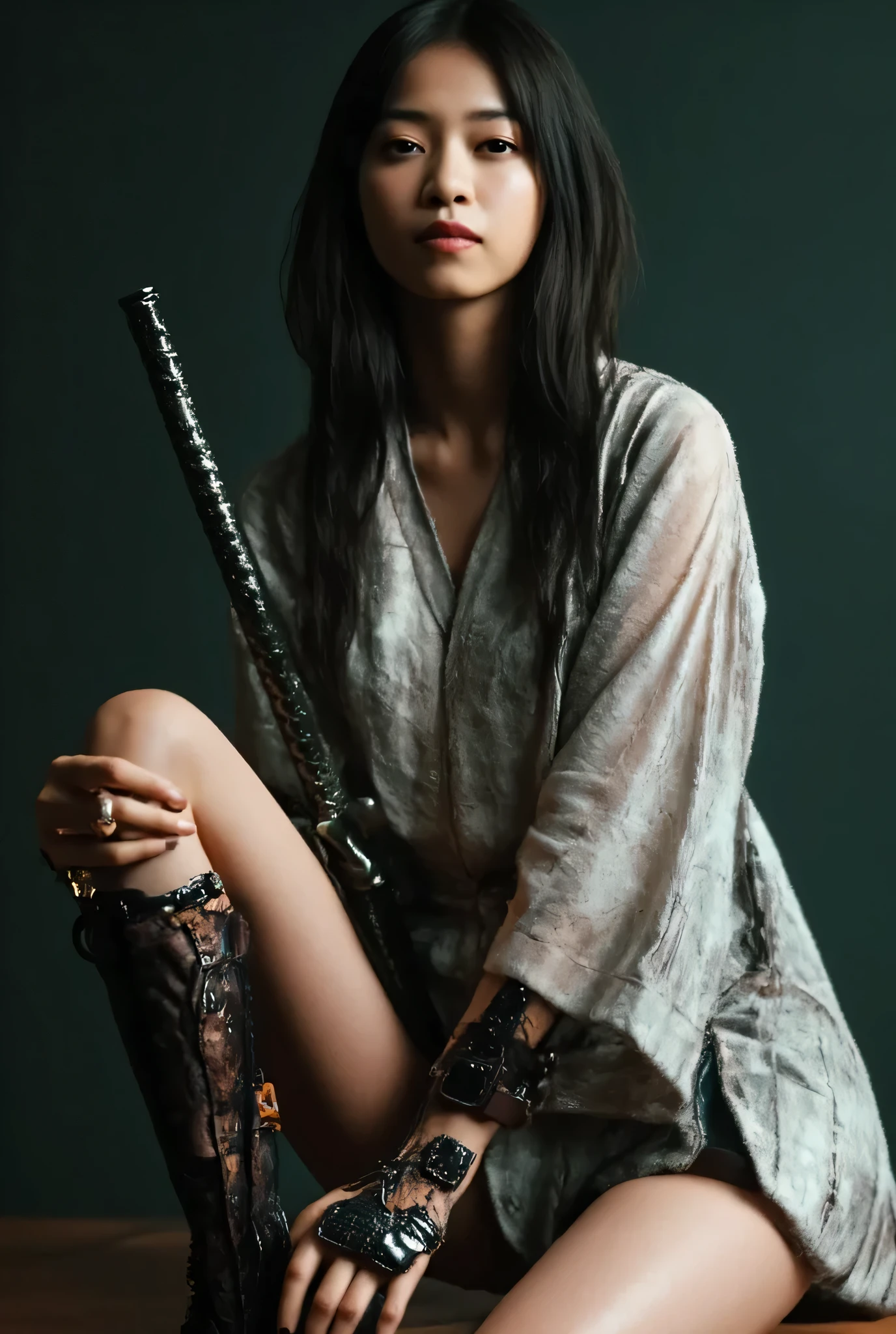raw photo, portrait of a (emaciated:1.3) woman [ Eva Green: Jolin Tsai:.8] , (dark:1.1), , (gloomy:0.0), , (looking_at_viewer:1.2), , ,, (fine wrinkles, pores, veins:.5),
, , (forest, playing flute, sitting at wood fence of red Chinese acient bridge:1.33), , , (strong wind, wide_angle:1.3), (Chinese martial arts, Kung Fu, Tai Chi, Han dynasty, winter:1.4), (black long (straight )hair, ponytail, barefoot, no_makeup, gritty:1.3), (from_side:0.5), (woman wearing (deep-grey:1.1)Han style outfits with black border, Complex clothing details:1.3), long slim legs ,(daytime:0.2),
, highly detailed, masterpiece, best quality, 8k, (realistic skin, cell-shaded:1.3), sharp_focus, (SFW), (high detailed skin:1.2), 8k uhd, dslr, (soft lighting:1.0), high quality, film grain, Fujifilm XT3,