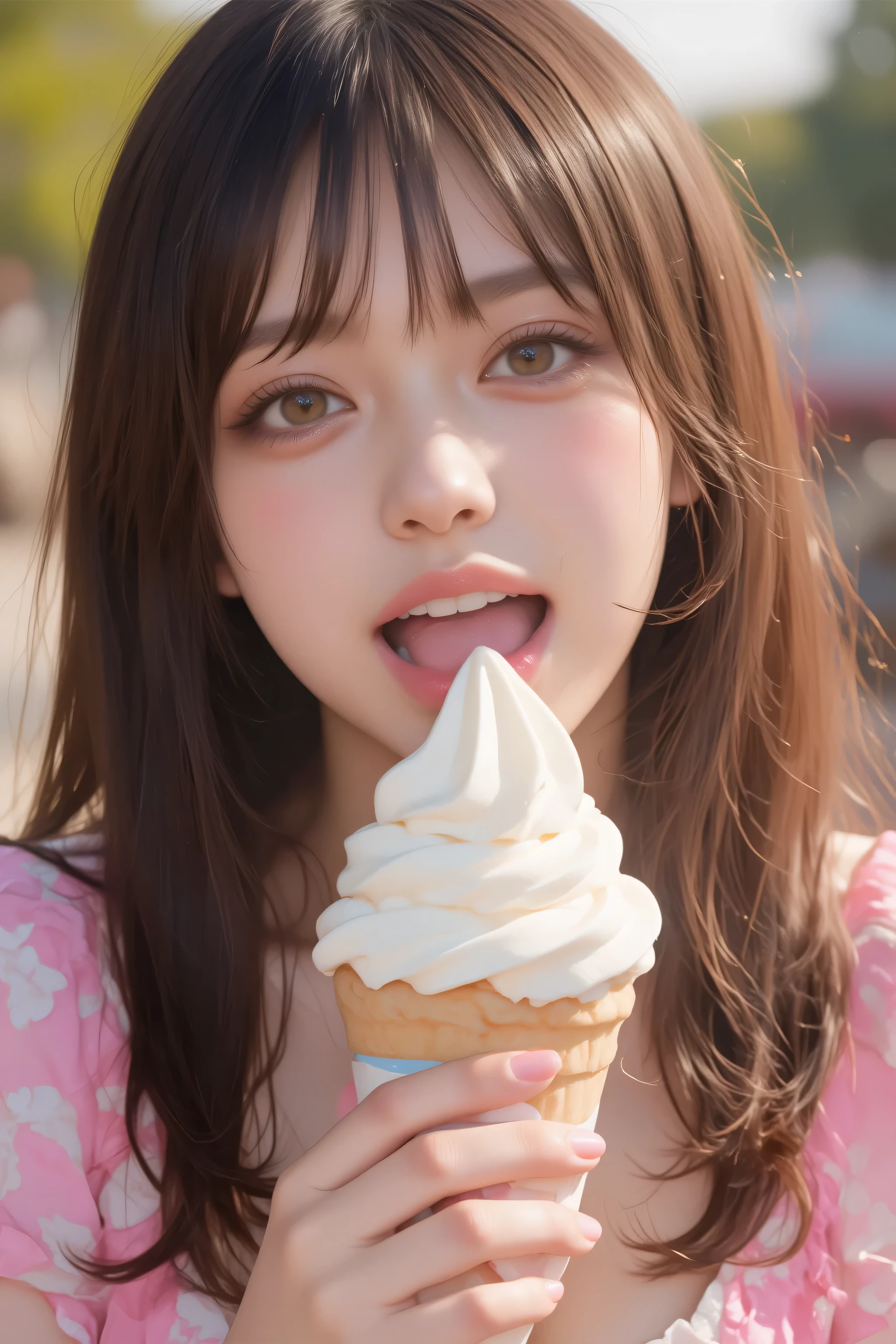      open their mouths wide   ,((Masterpiece,best quailluminationy 1.4)), (8k,     RAW photo :1.2), (   realistic ,photo    realistic :1.4),      Ultra Fine  , (    High Resolution 8K Wallpaper    ) ,   Japanese    Idols,    Japanese    actress,    Japanese   ,      so cute  ,    big eyes,  Face and eyes 、    has been carefully drawn down to the smallest detail。    、   Blood Comes Back to My Face    ,        Down to the last detail   ,   shiny skin with s,  portrait ,(     twin tails :1.2),(smile:1.3) ,(    I have soft serve ice cream that is easy on the hands ,    I have soft serve ice cream in my mouth The depth of the border written in      :1.2),illumination,   Concentration  ,     Boundary depth of writing  , (     dynamic angles  :1.4 ).         blur the background     , Bokeh, (   blouse,     ruffle skirt   :1.2) ,(   Daytime in the Park    .)
