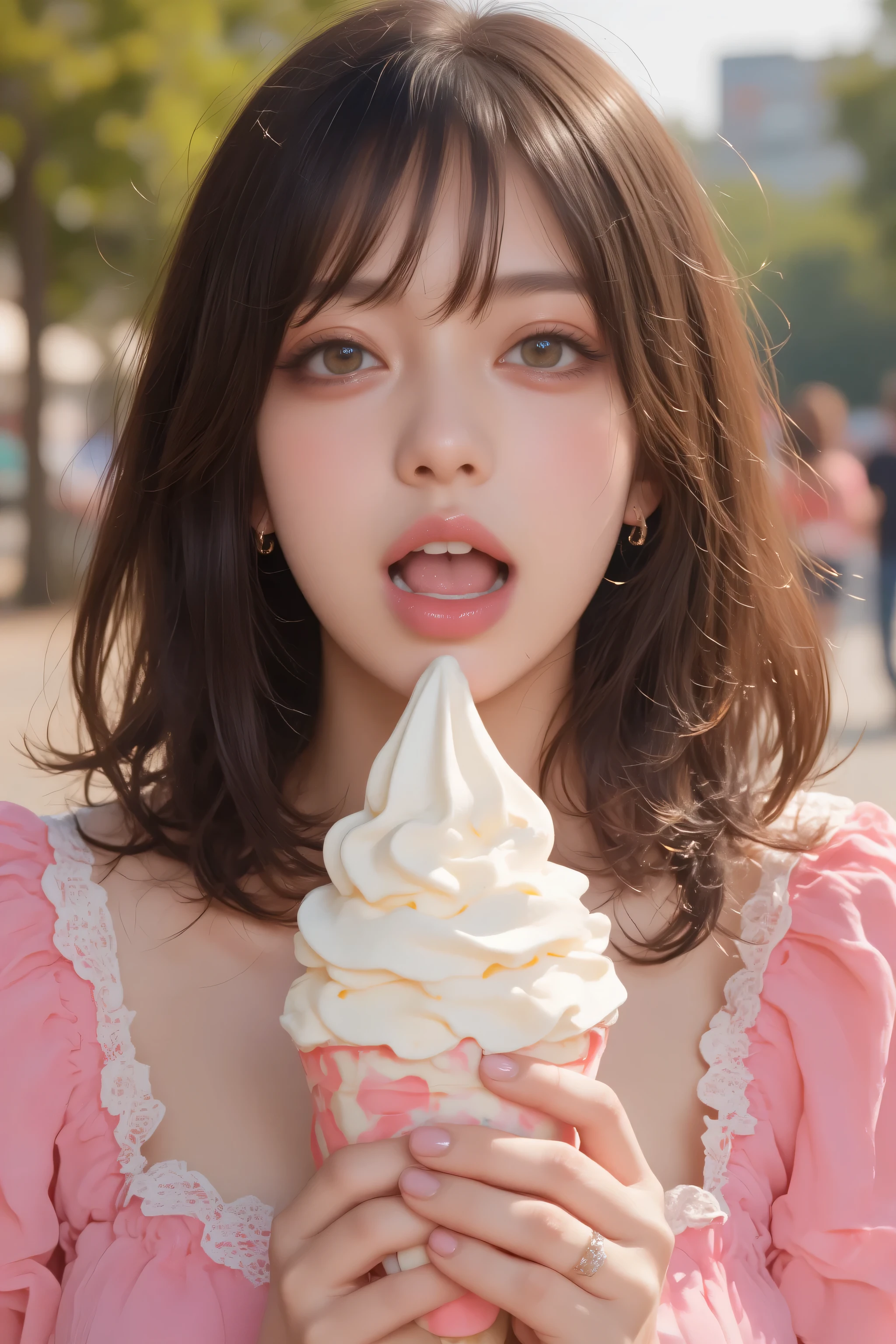 open their mouths wide ,((Masterpiece,best quailluminationy 1.4)), (8k, RAW photo :1.2), ( realistic ,photo realistic :1.4), Ultra Fine , ( High Resolution 8K Wallpaper ) , Japanese Idols, Japanese actress, Japanese , so cute , big eyes, Face and eyes 、 has been carefully drawn down to the smallest detail。 、 Blood Comes Back to My Face , Down to the last detail , shiny skin with s, portrait ,( twin tails :1.2),(smile:1.3) ,( I have soft serve ice cream that is easy on the hands , I have soft serve ice cream in my mouth The depth of the border written in :1.2),illumination, Concentration , Boundary depth of writing , ( dynamic angles :1.4 ). blur the background , Bokeh, ( blouse, ruffle skirt :1.2) ,( Daytime in the Park .)
