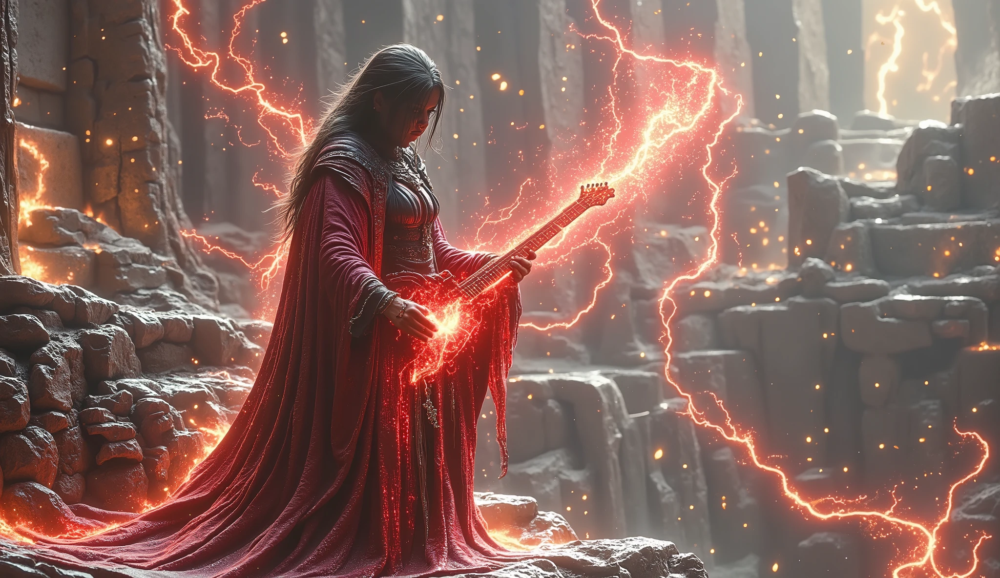 standing from a distance (1:15) a beautiful angry demon woman wearing a robe, playing the guitar (playing melody metal) with brilliant energy on the stage on the cliff of ruins, fire and lightning flashing, aurora sparks around her, a realistic and fiery fantasy, a great masterpiece, a portrait from a distance, full body.